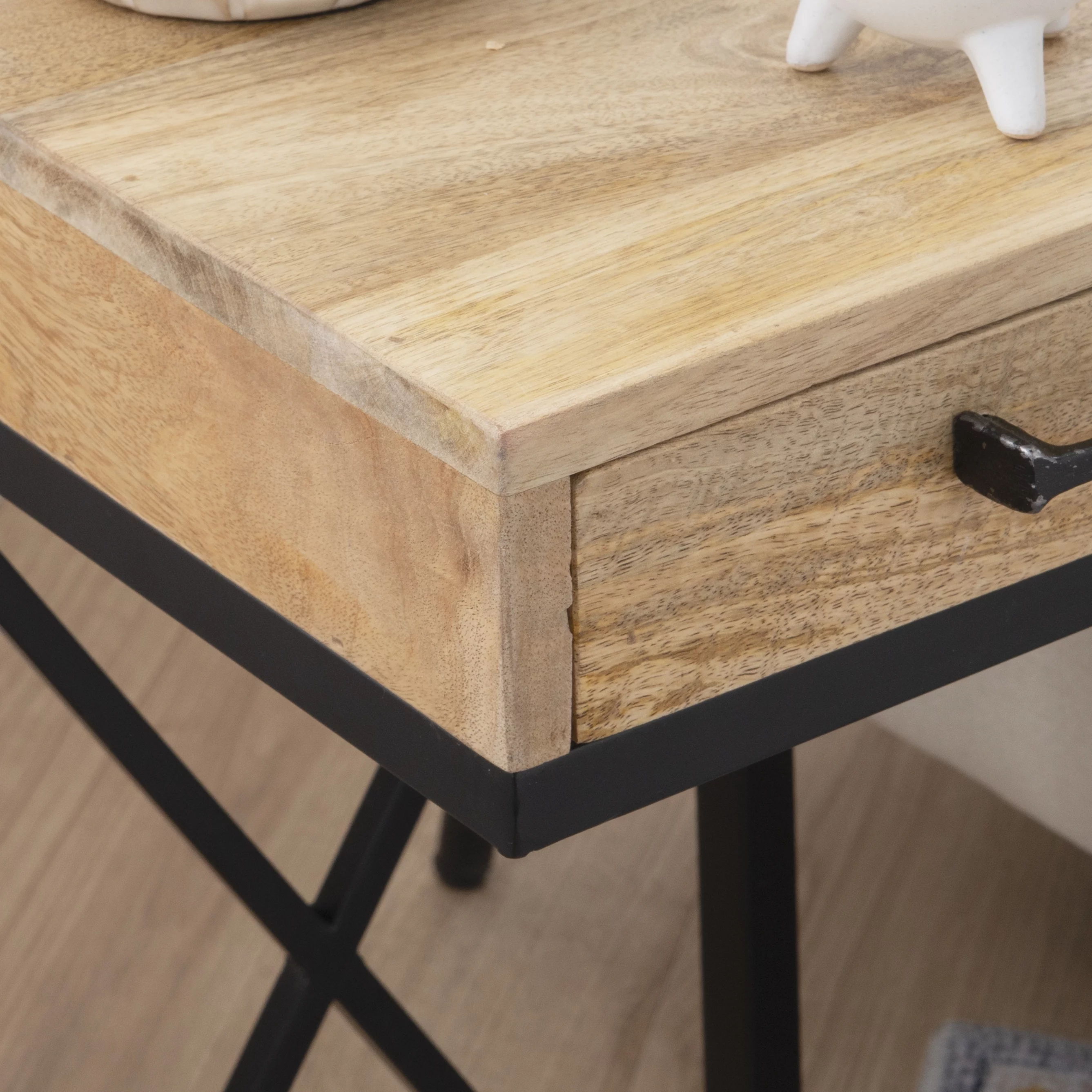 Chalgrove Mid-Century Metal Single Drawer C-Table, Black Base with Natural Wood Top