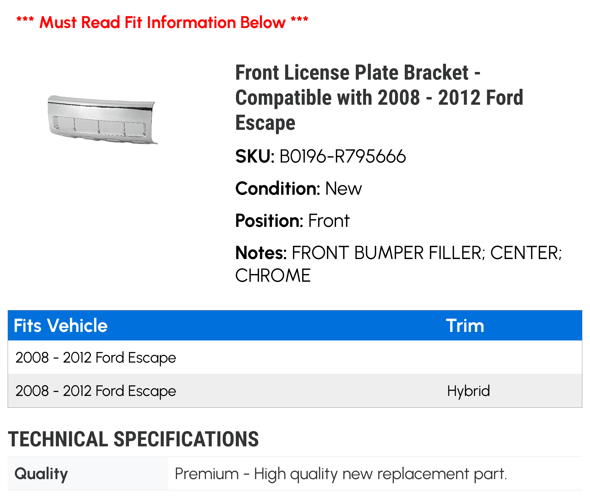 Front License Plate Bracket - Compatible with 2008 - 2012 Ford Escape 2009 2010 2011