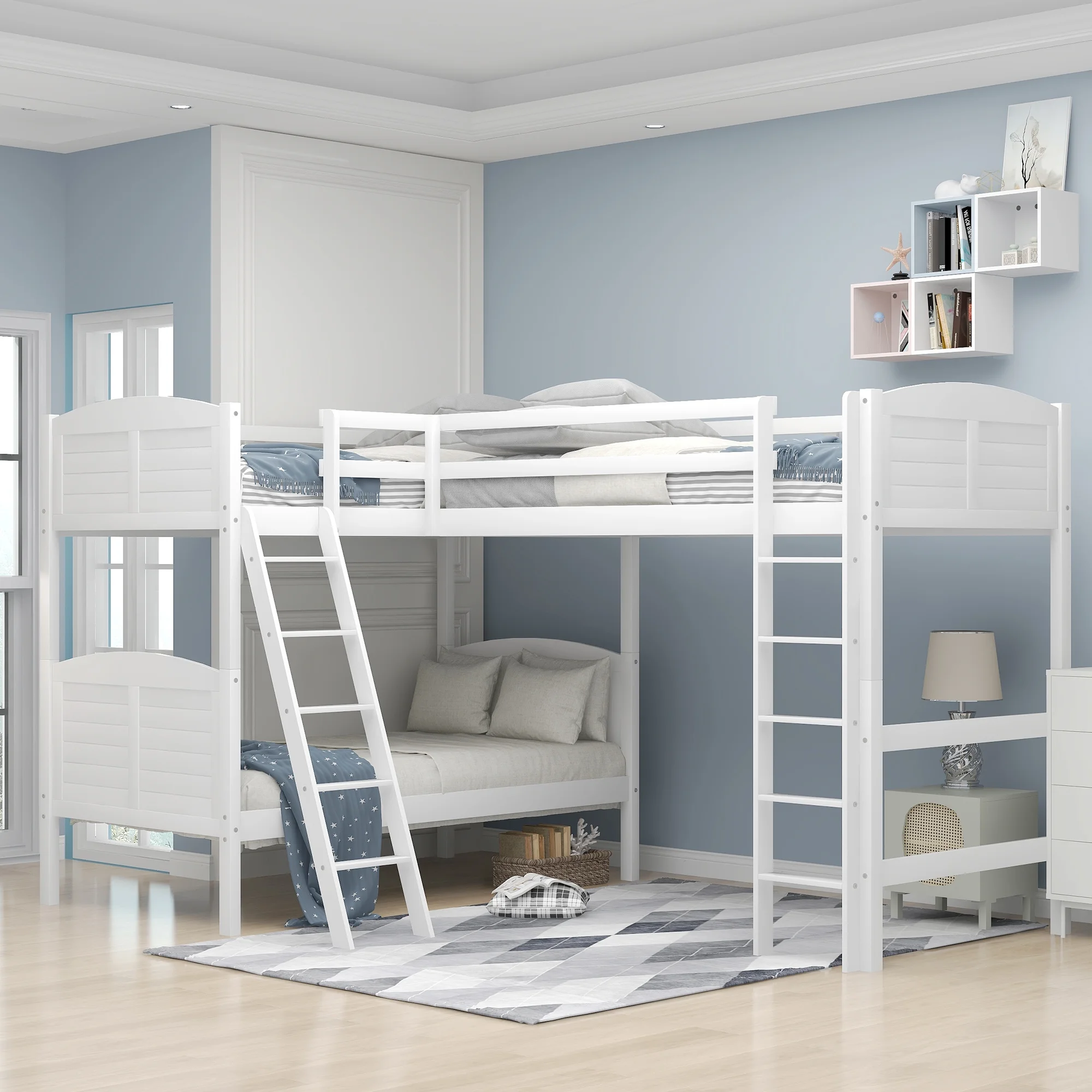 Euroco L-Shaped Twin over Twin Bunk Bed and Twin-Size Loft Bed with Ladders for Kids, White