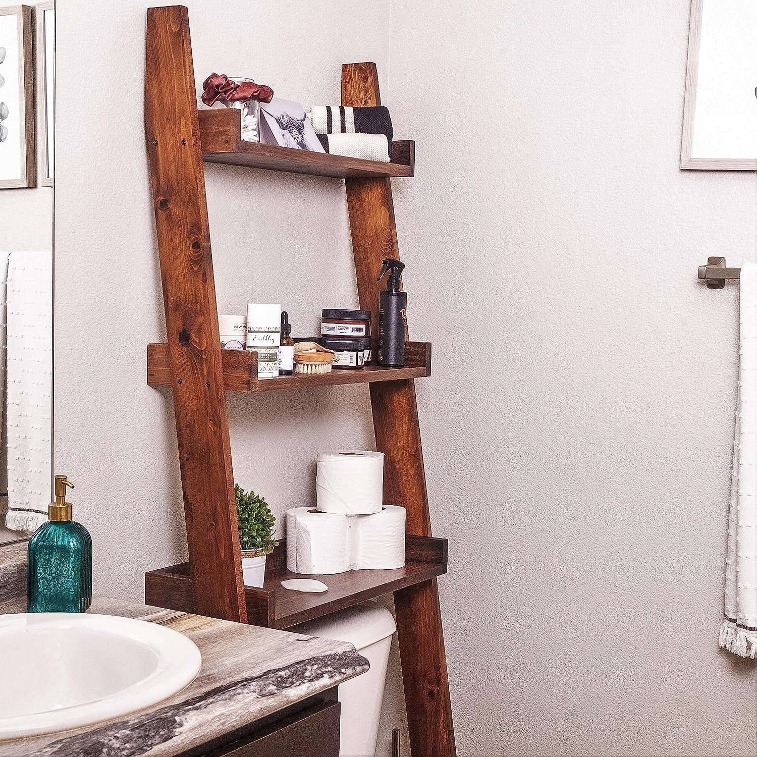 3 Tier Over The Toilet Leaning Ladder Shelf, Rustic Storage Shelves and Bathroom Organizer