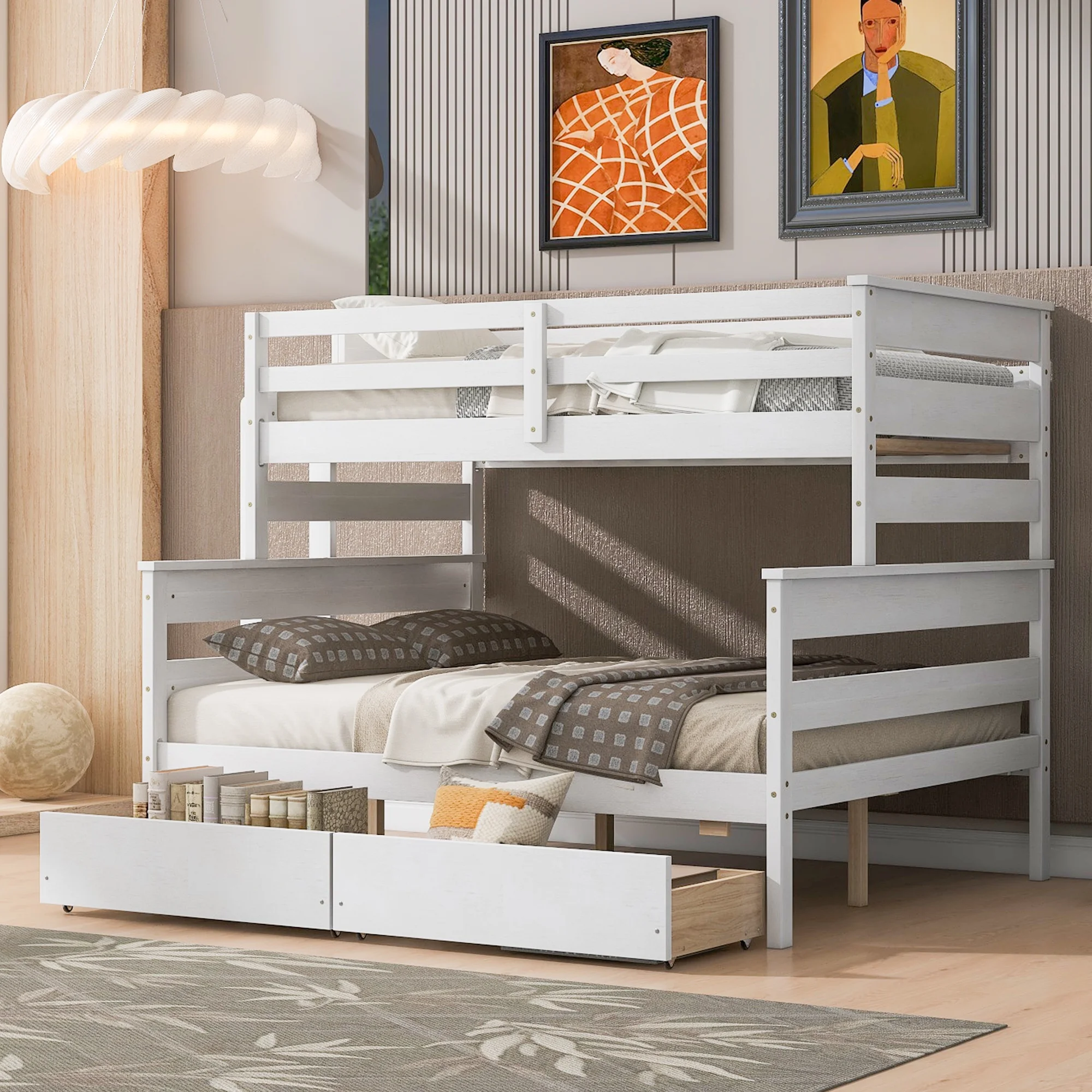 CoSoTower Wood Twin Over Full Bunk Bed with 2 Drawers, White