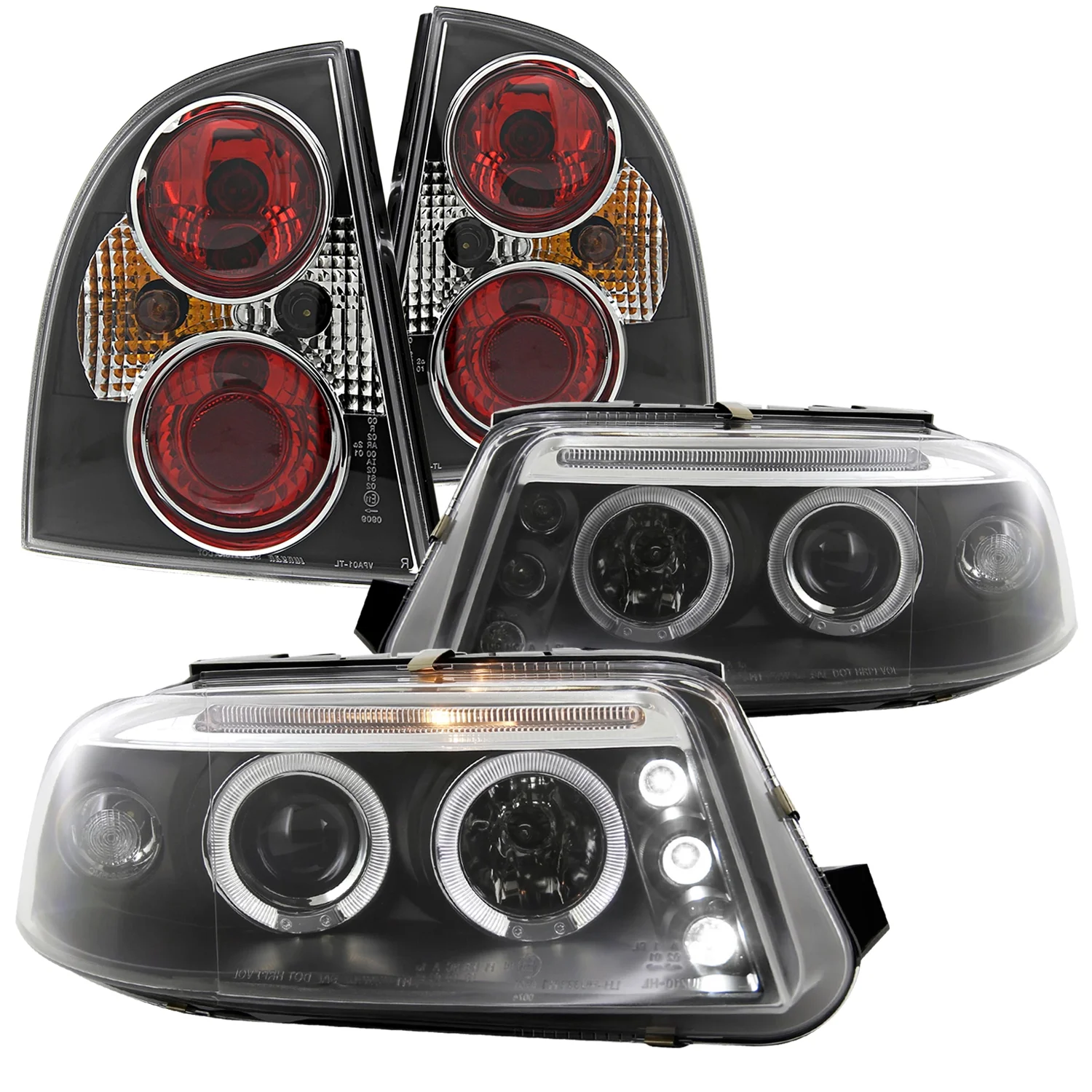 Spec-D Tuning Black LED Halo Projector Headlights + Black Tail Brake Lamps Compatible with 2001-2005 Volkswagen Passat Left + Right Pair Headlamps Assembly