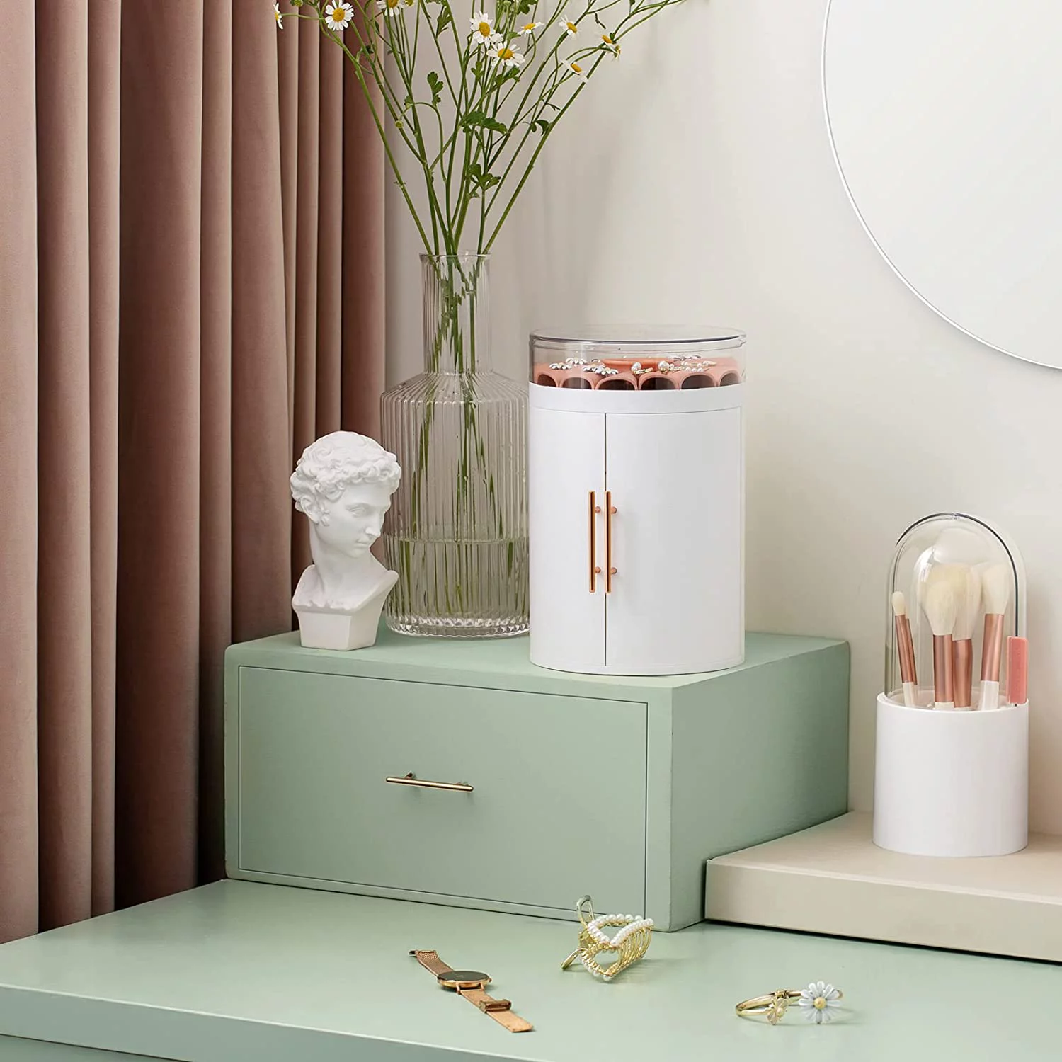 Fichiouy 5-Layer White Jewelry Storage Box Earring Holder with Lid 4 Drawer