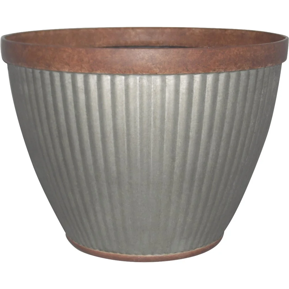 1 PK, Southern Patio Westlake 10 In. Resin Rustic Galvanized Round Pleated Planter