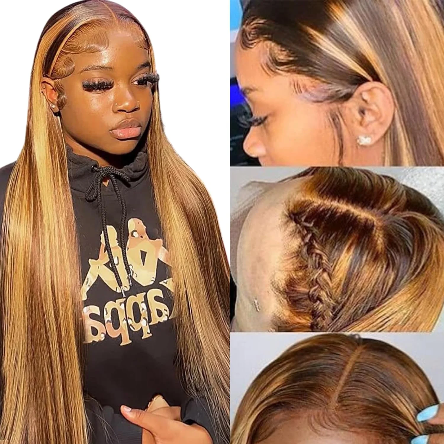 Ombre Lace Front Wig Human Hair 28inch Highlight 13x4 HD Straight Lace Front Wigs 180% Density 4/27 Colored Honey Blonde HD Lace Frontal Wigs For Women Glueless Pre Plucked with Baby Hair