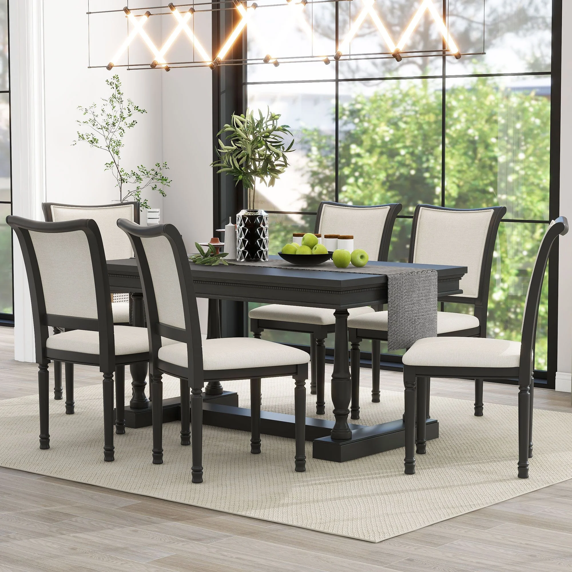 Retro Dining Table Set with 4 Trestle Base and 6 Upholstered Chairs with Slightly Curve and Ergonomic Seat Back, 7 Piece Dining Room Table Set, Wooden Table & Upholstered Chair(Black)