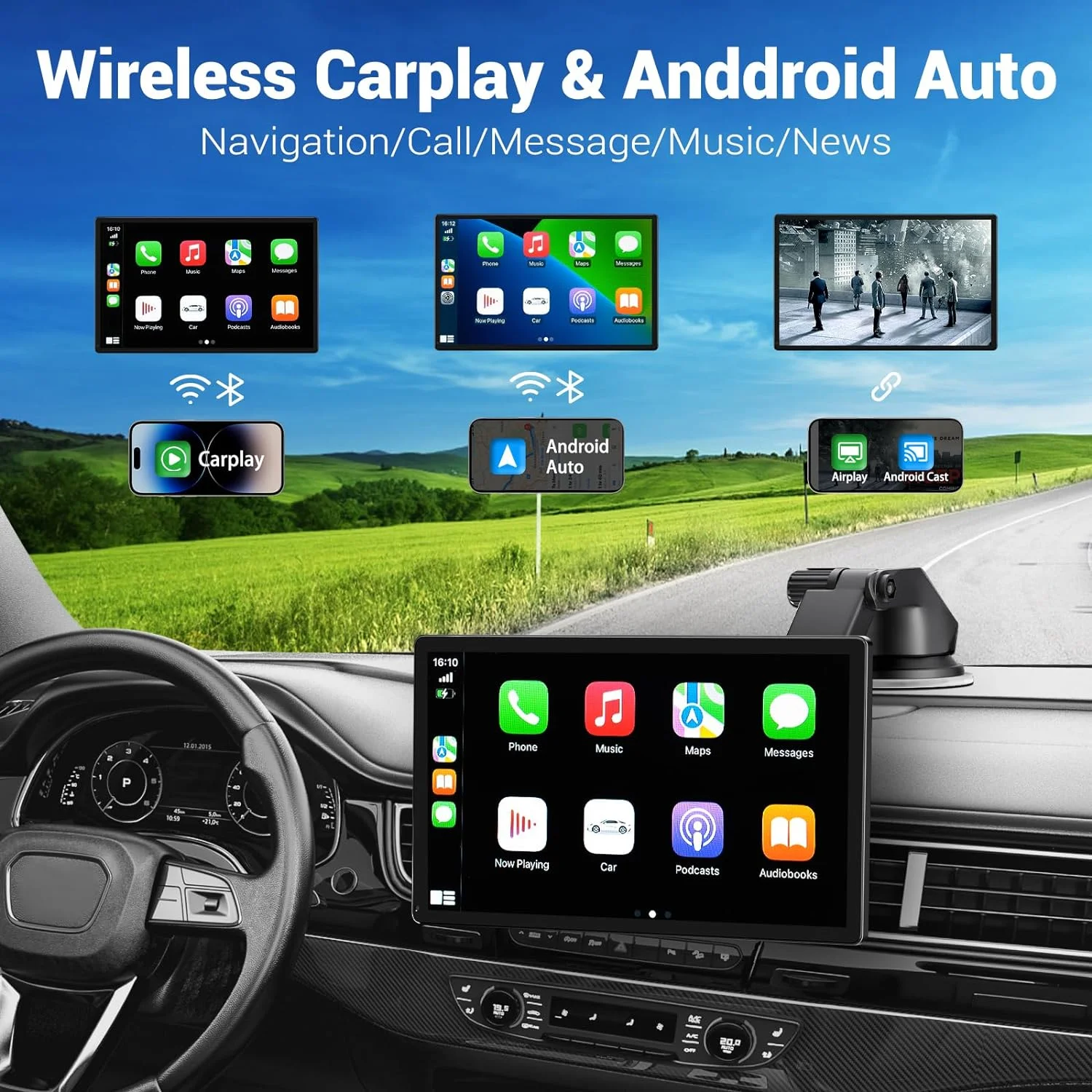 HAUXIY Wireless Carplay Touchscreen with 2.5K Dash Cam, 9