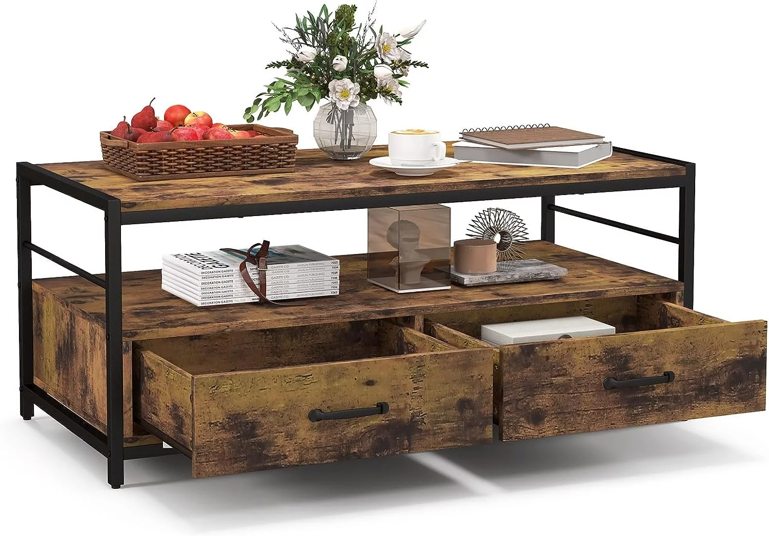 ZFGSUIJN Industrial Wood Coffee Table - Living Room Rectangular Center Table w/ 2 Drawers & Open   Accent Sofa Console Table w/Sturdy Metal Frame & Wooden Top  Rustic Brown