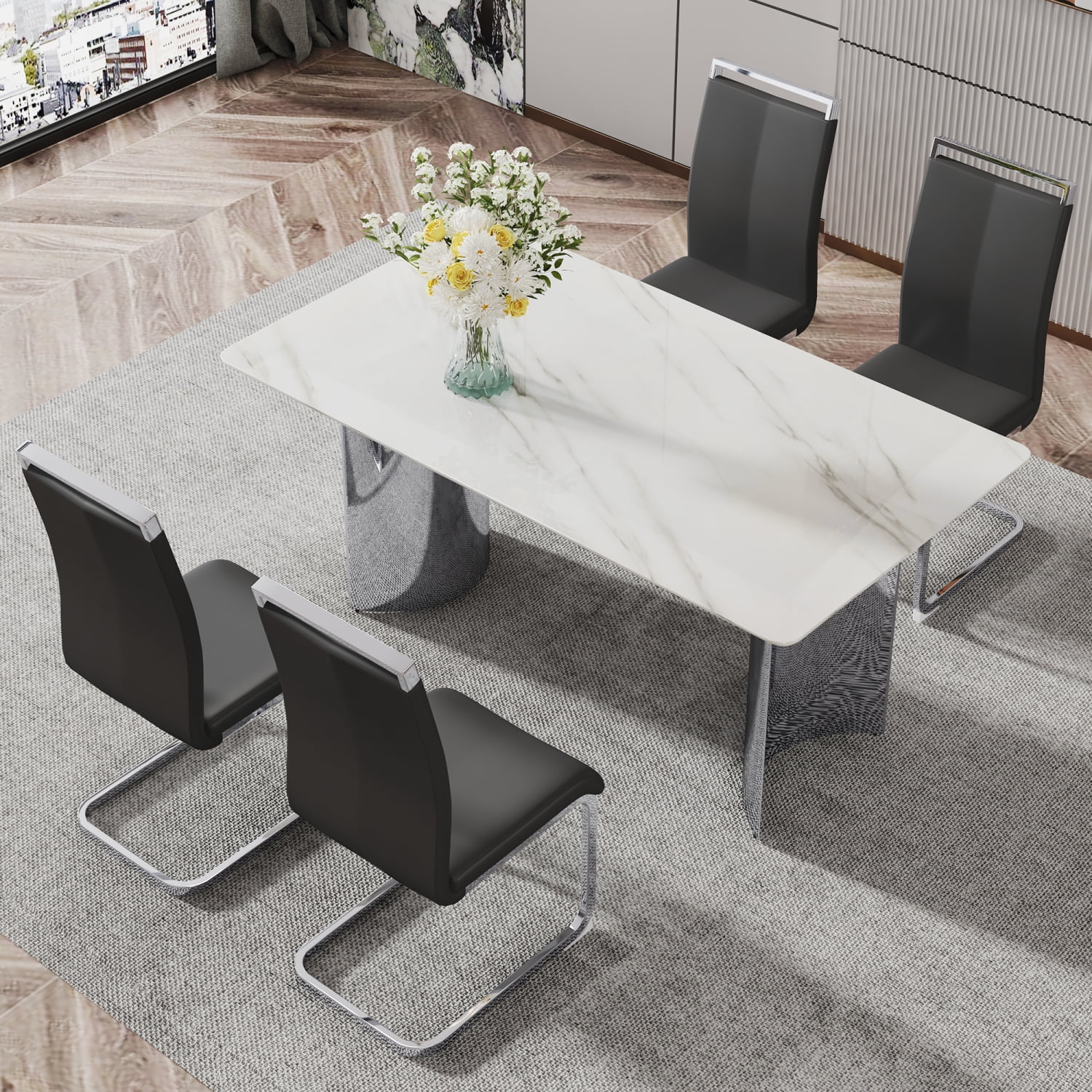 Stylish and functional modern minimalist dining table with imitation marble glass sticker desktop. Features sleek stainless steel legs for stability and beauty. Comes with 4 luxurious bla
