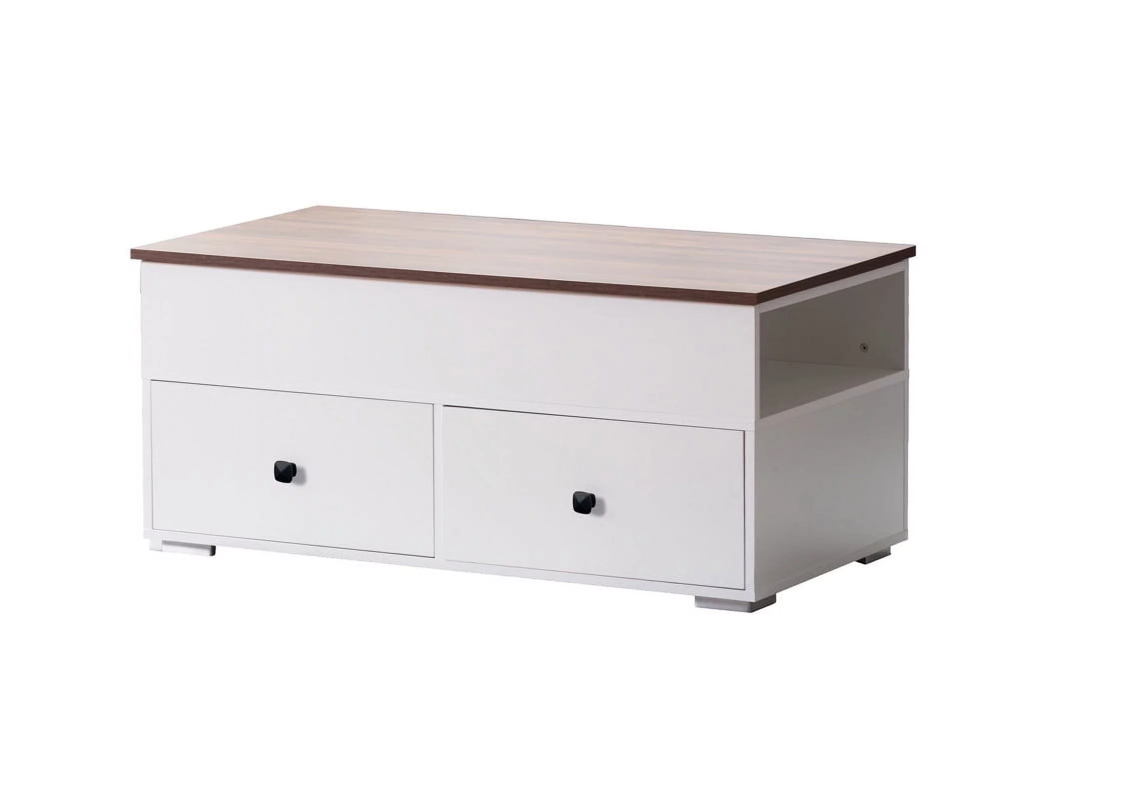 Luna White Coffee Table with Brown Walnut Finish Lift Top, 2 Drawers, and 2 Shelves
