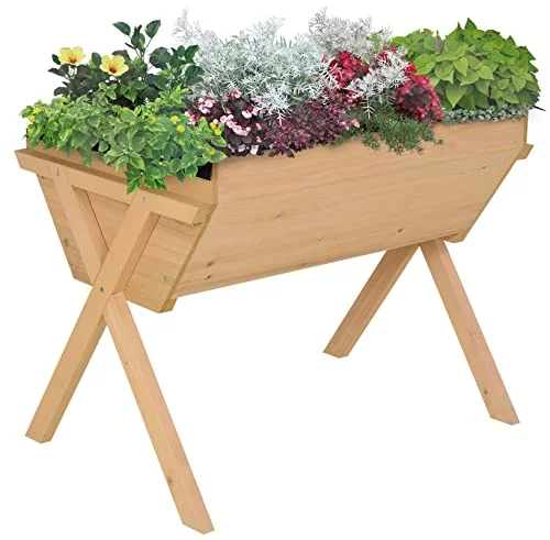 Outsunny 39'' x 28'' Raised Garden Bed with Legs, Elevated Wooden Planter Box with Bed Liner for Vegetables Flowers Herbs Backyard Patio Balcony