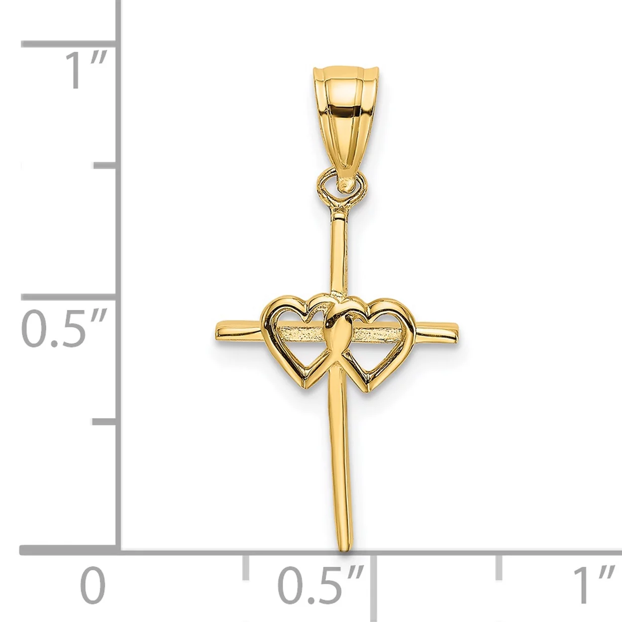 Carat in Karats 14K Yellow Gold Polished Double Hearts On Stick Cross Pendant Charm (16.4mm x 11mm) With 14K Yellow Gold Lightweight Rope Chain Necklace 20''