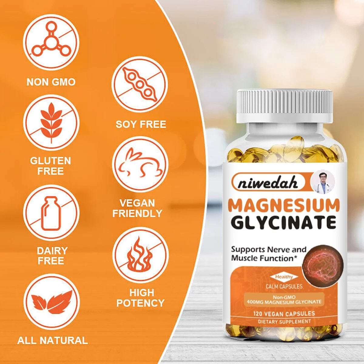 Magnesium Glycinate 400mg Mineral Supplement for Women and Mens-Natural Sleep Support-Bone Health Immunity Mood Support Heart Health -120 Capsules