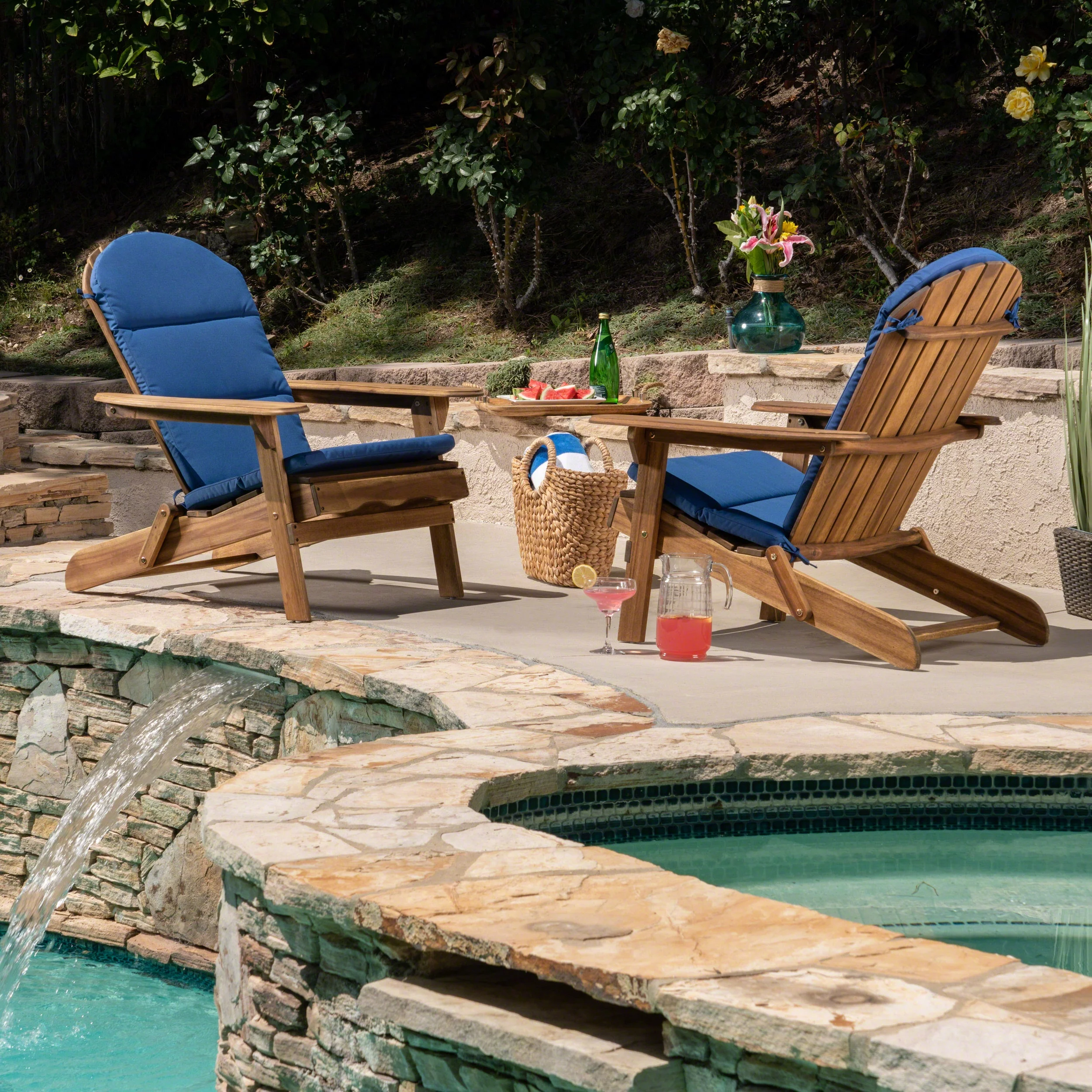 Ariel Outdoor Acacia Wood Folding Adirondack Chairs with Cushions (Set of 2), Natural and Navy Blue