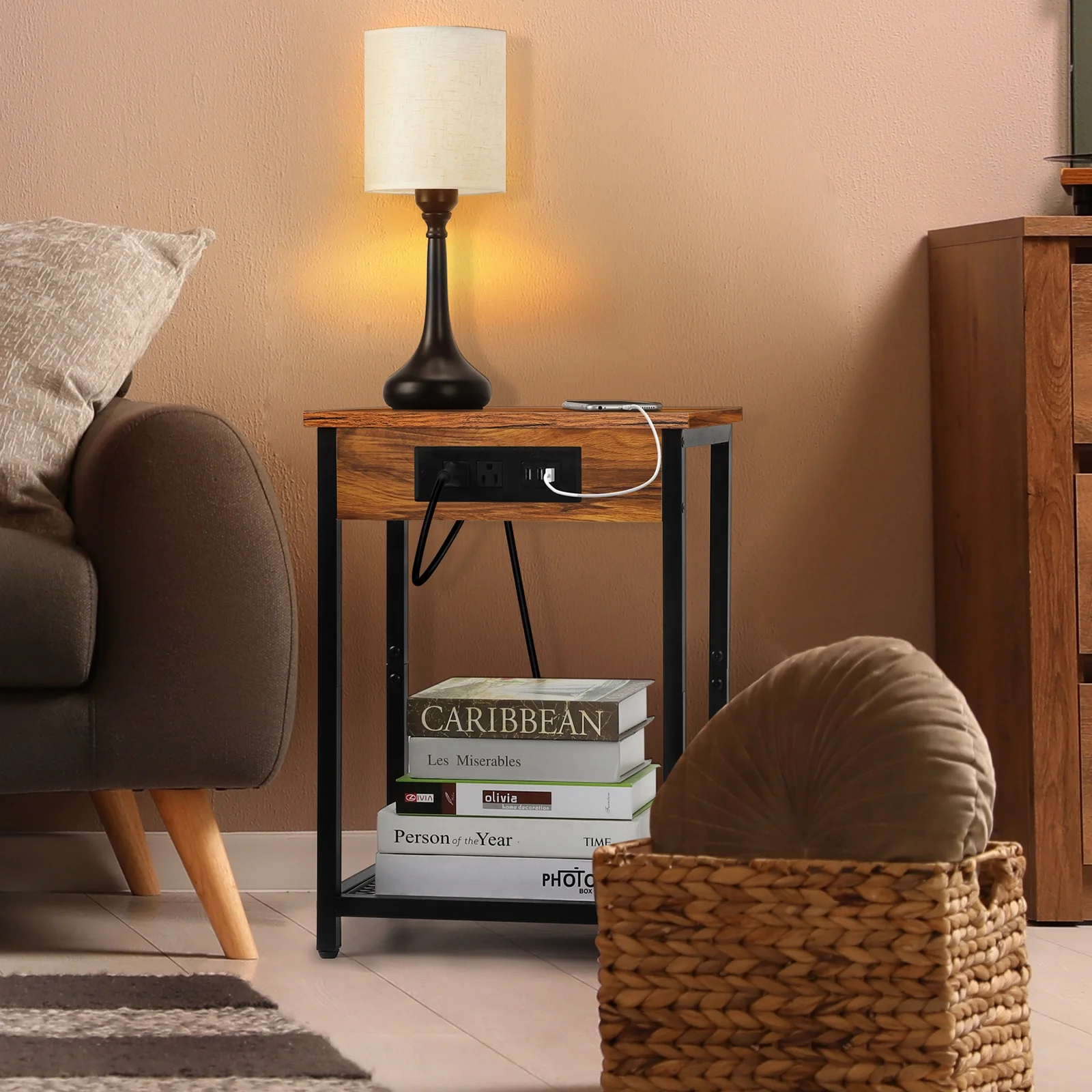 Nightstand End Table with Charging Station Brown, Set of 2