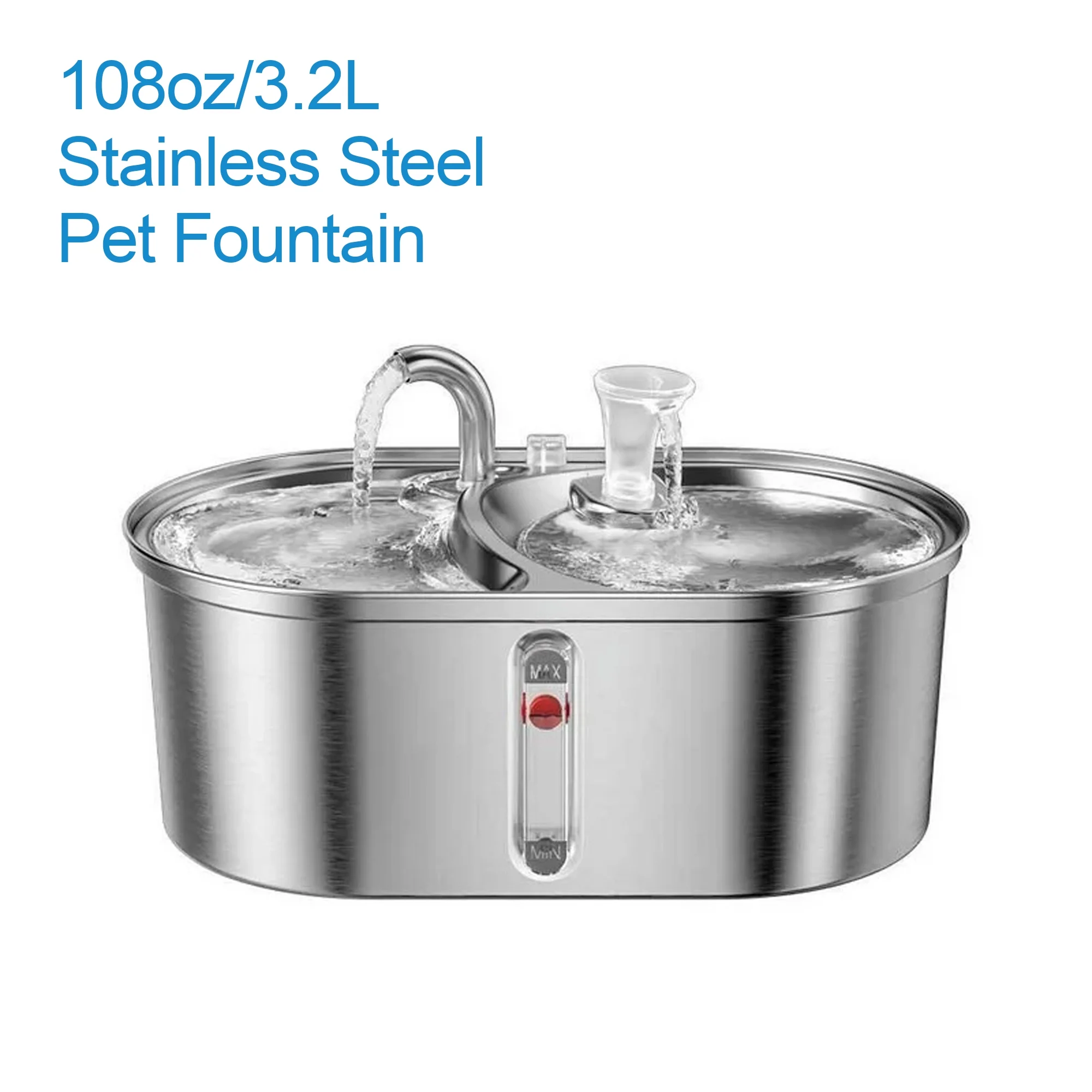 WEPSEN 304 Stainless Steel Cat Water Fountain: 3.2L/108oz Large Capacity Pet Fountain with Quadruple Filtration System, Silent Pump, Double Water Flow Design-Stainless Steel Water Dispenser for Dogs