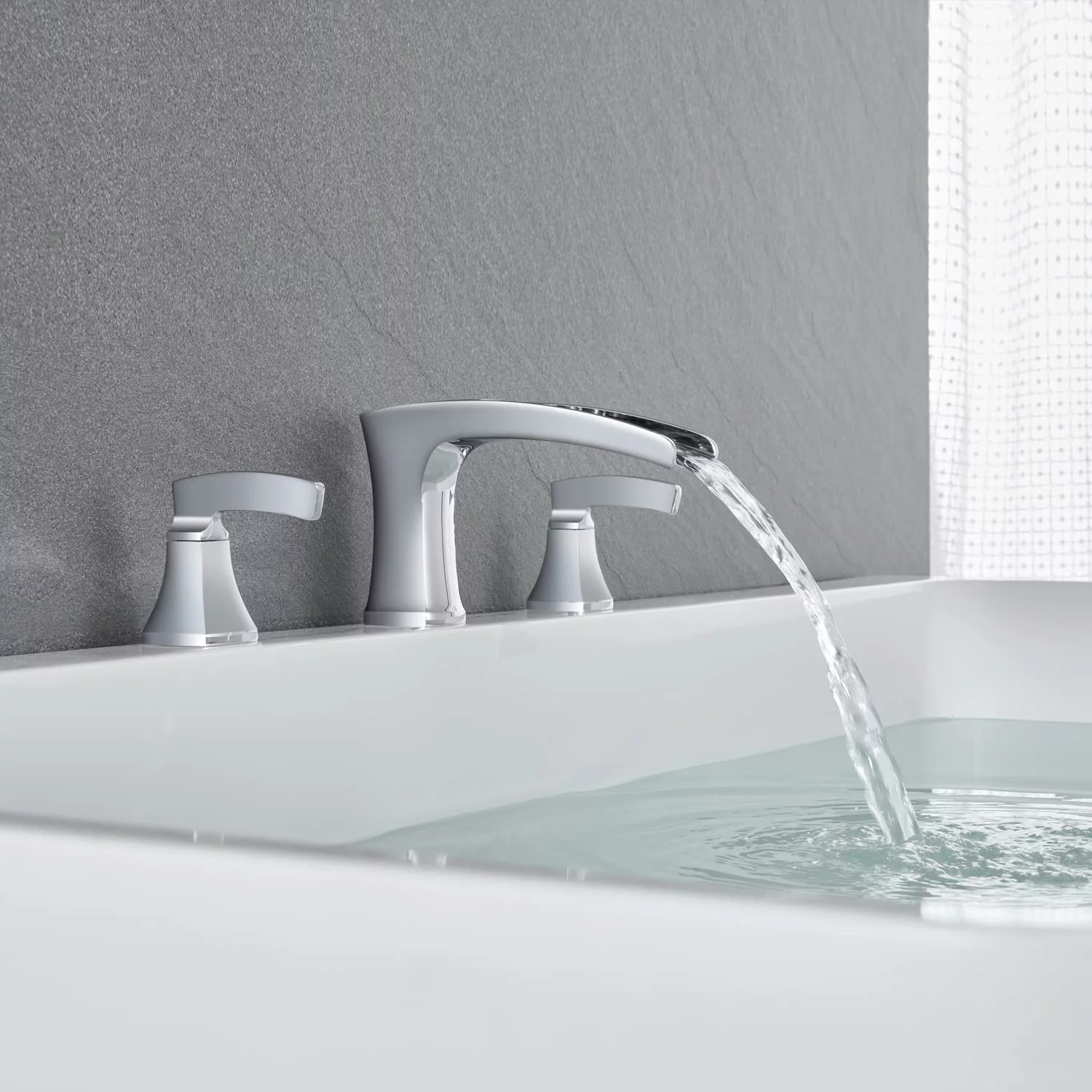 Tub Faucet Roman Waterfall Tub Filler Chrome Deck Mount Bathtub Faucets 3 Hole Brass Bathroom Faucets with 2 Handles