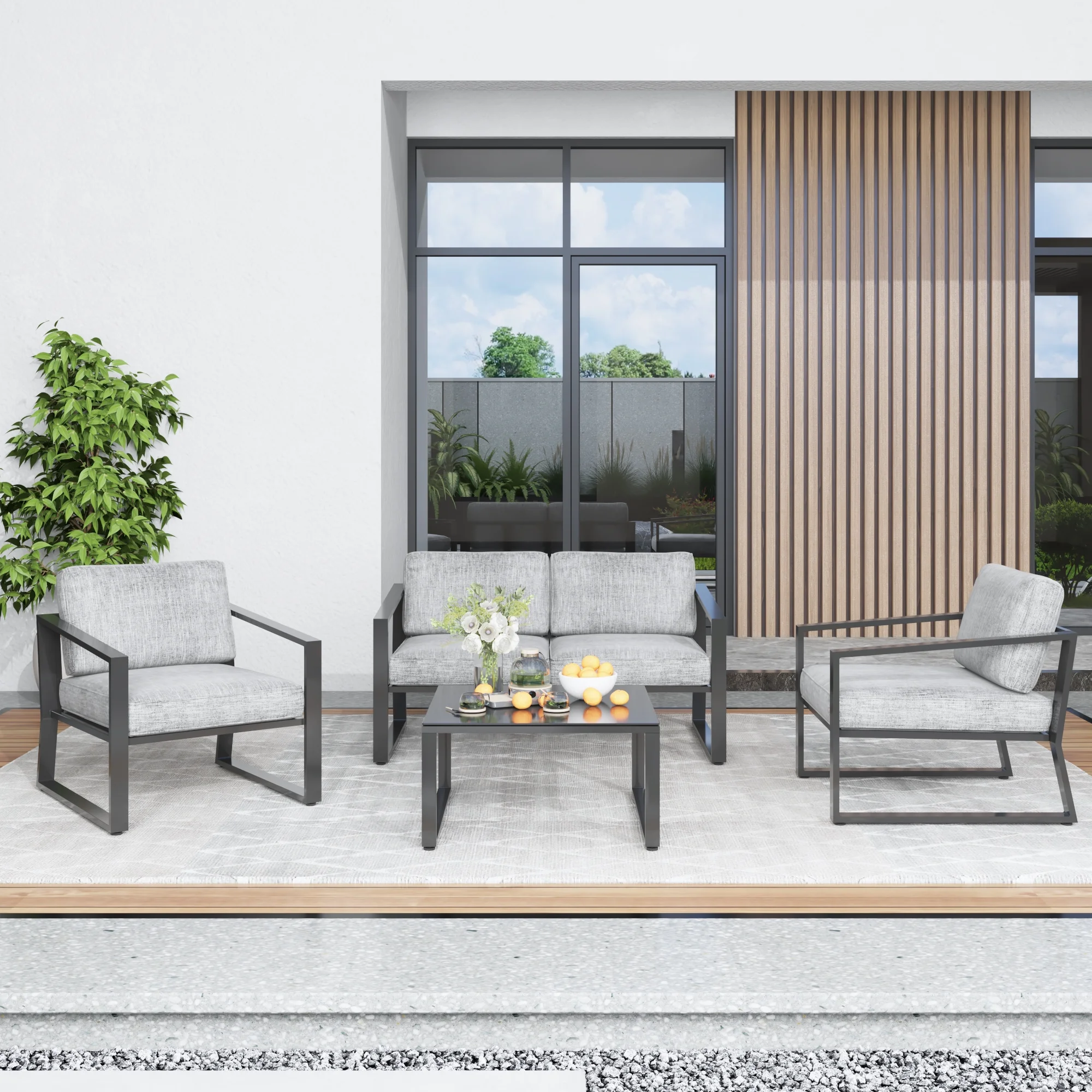 Prime Garden Outdoor Aluminum Furniture Set - 4 Pieces Modern Patio Conversation Sets Metal Sectional Sofa with Coffee Table,Black