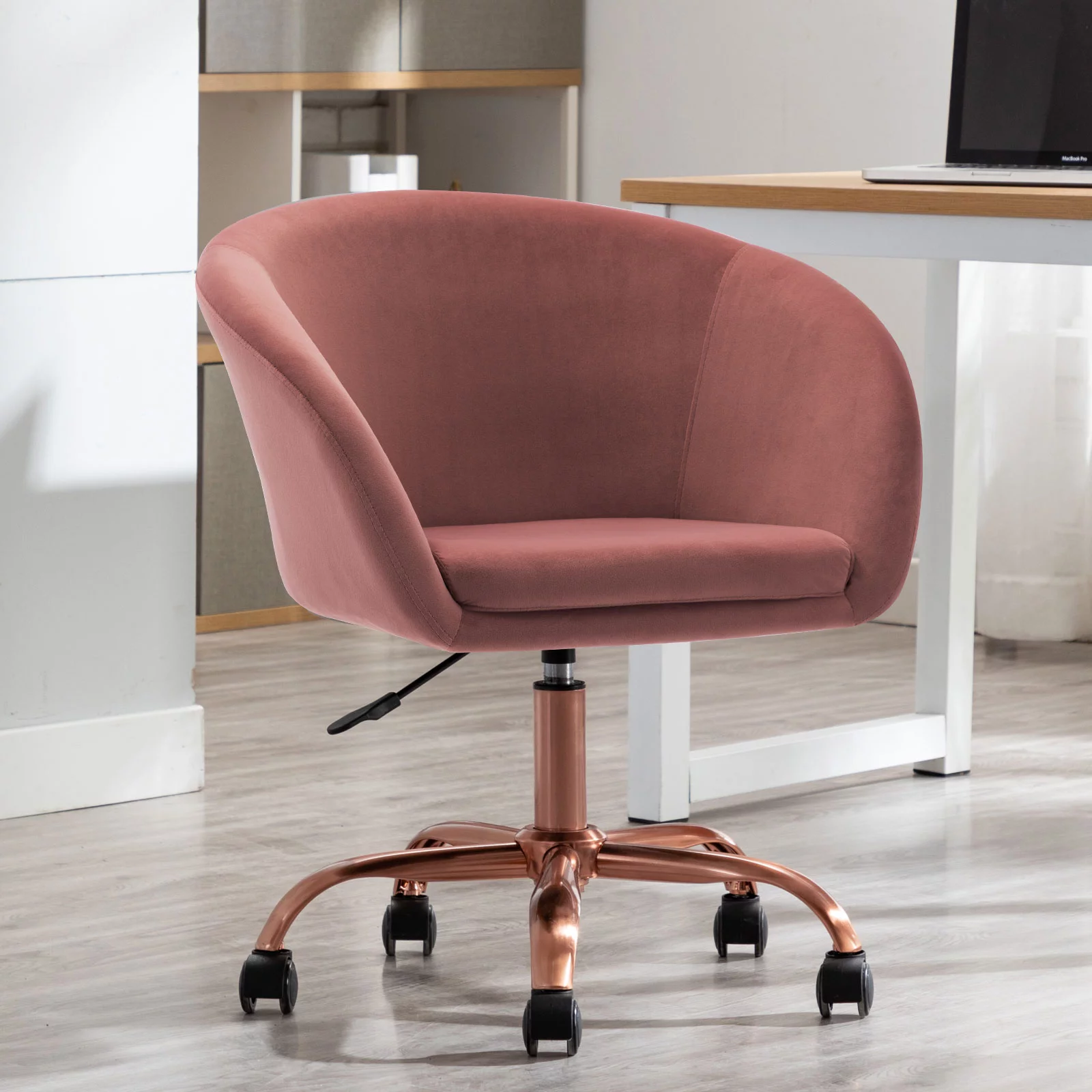 Duhome Office Chair Velvet Desk Chair with Wheels Task Chair Modern Vanity Chair for Girls Swivel Rolling Chair for Bedroom, Pink and Gold