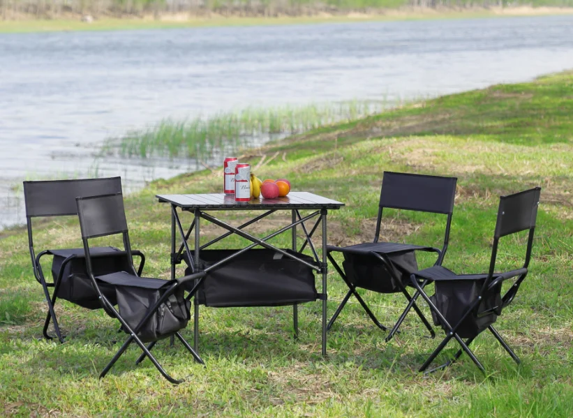 Set of 5, Folding Outdoor Table and Chairs Set for Indoor, Outdoor Camping, Picnics, Beach,Backyard, BBQ, Party, Patio, Black/Gray