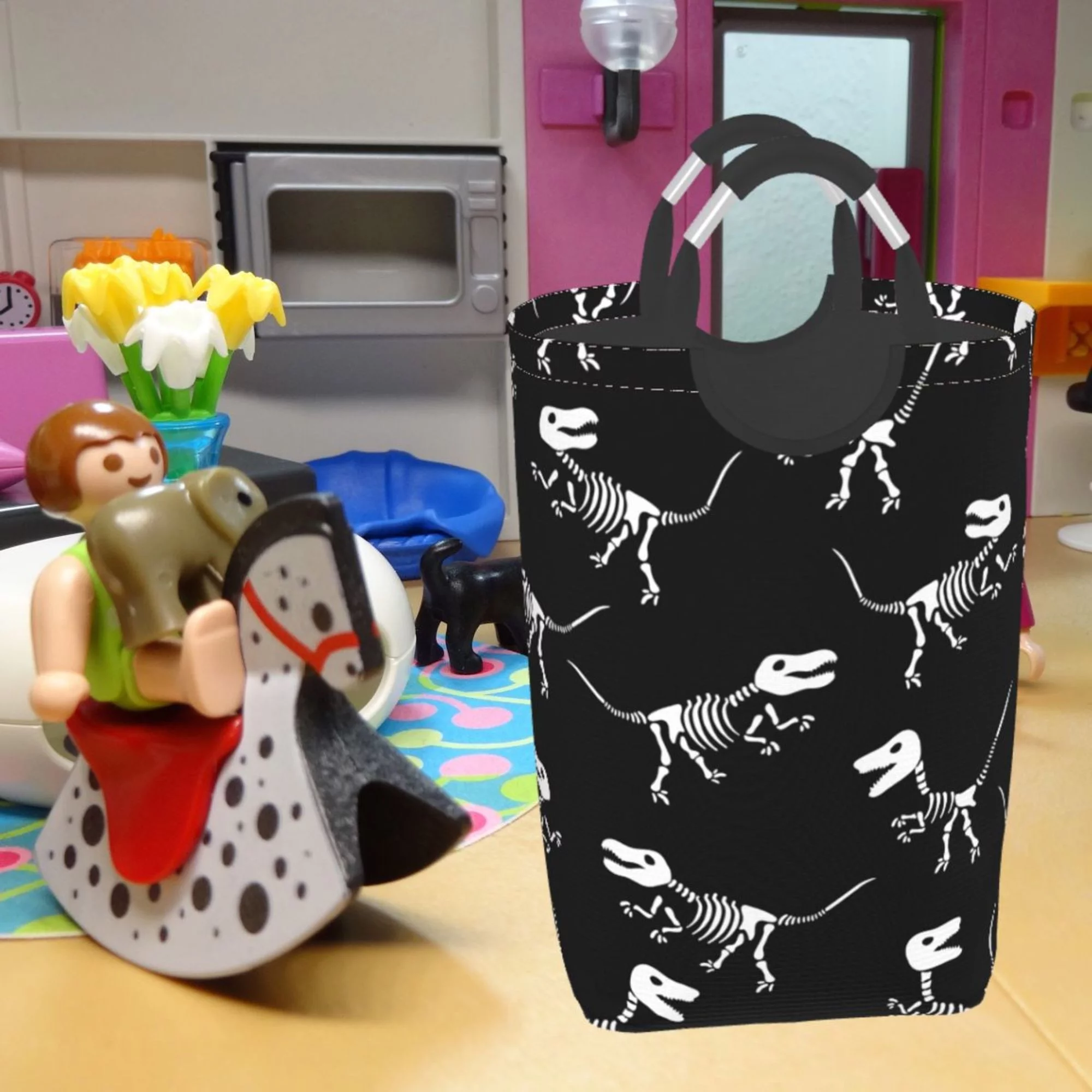 TEQUAN 50L Large Rectangular Laundry Hamper with Aluminum Handles, Cartoon Dinosaur Skeletons Prints Waterproof Foldable Dirty Clothes Basket