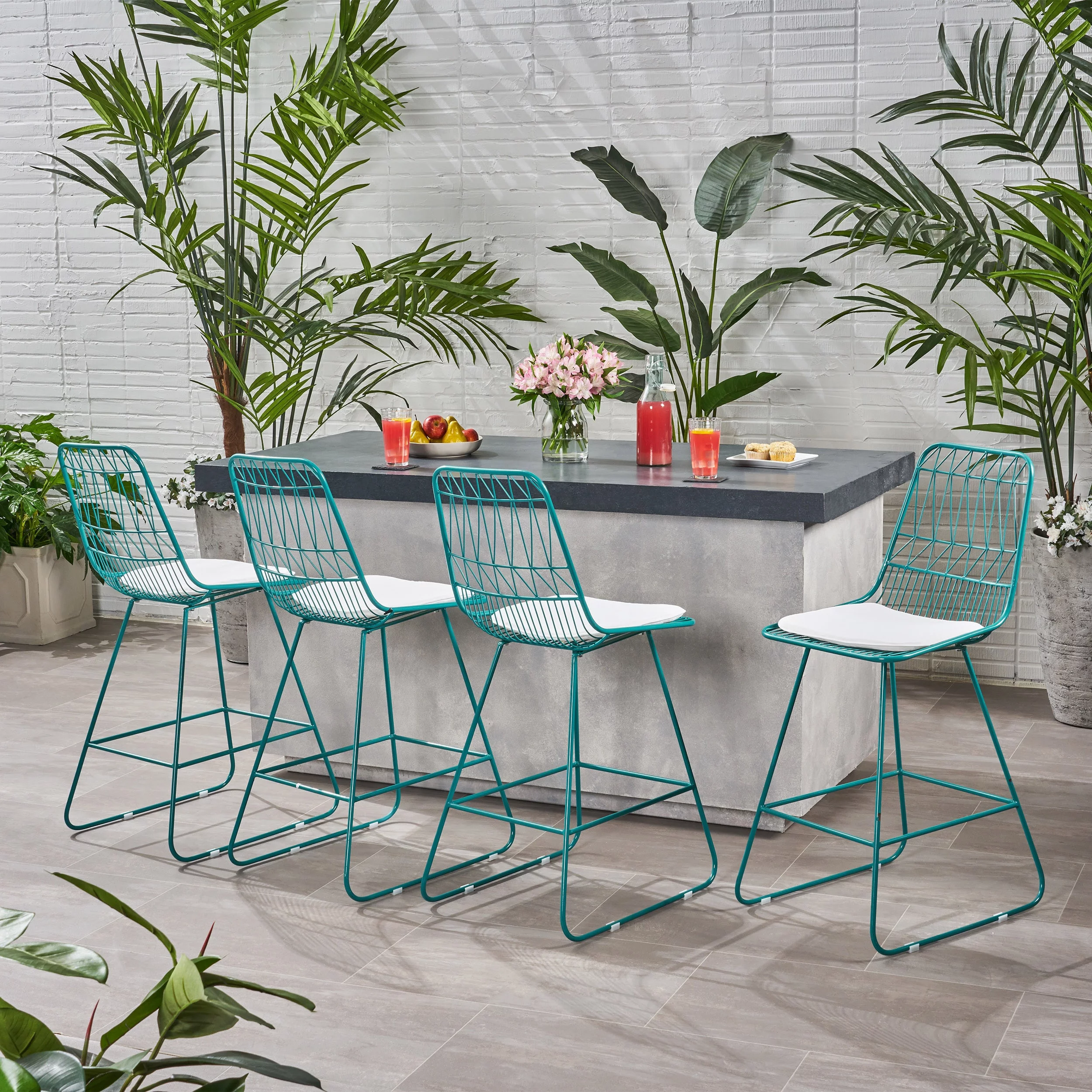 Christopher Knight Home Niez Outdoor Wire Counter Stools (Set of 4) by  - N/A light brass finish + ivory cushion