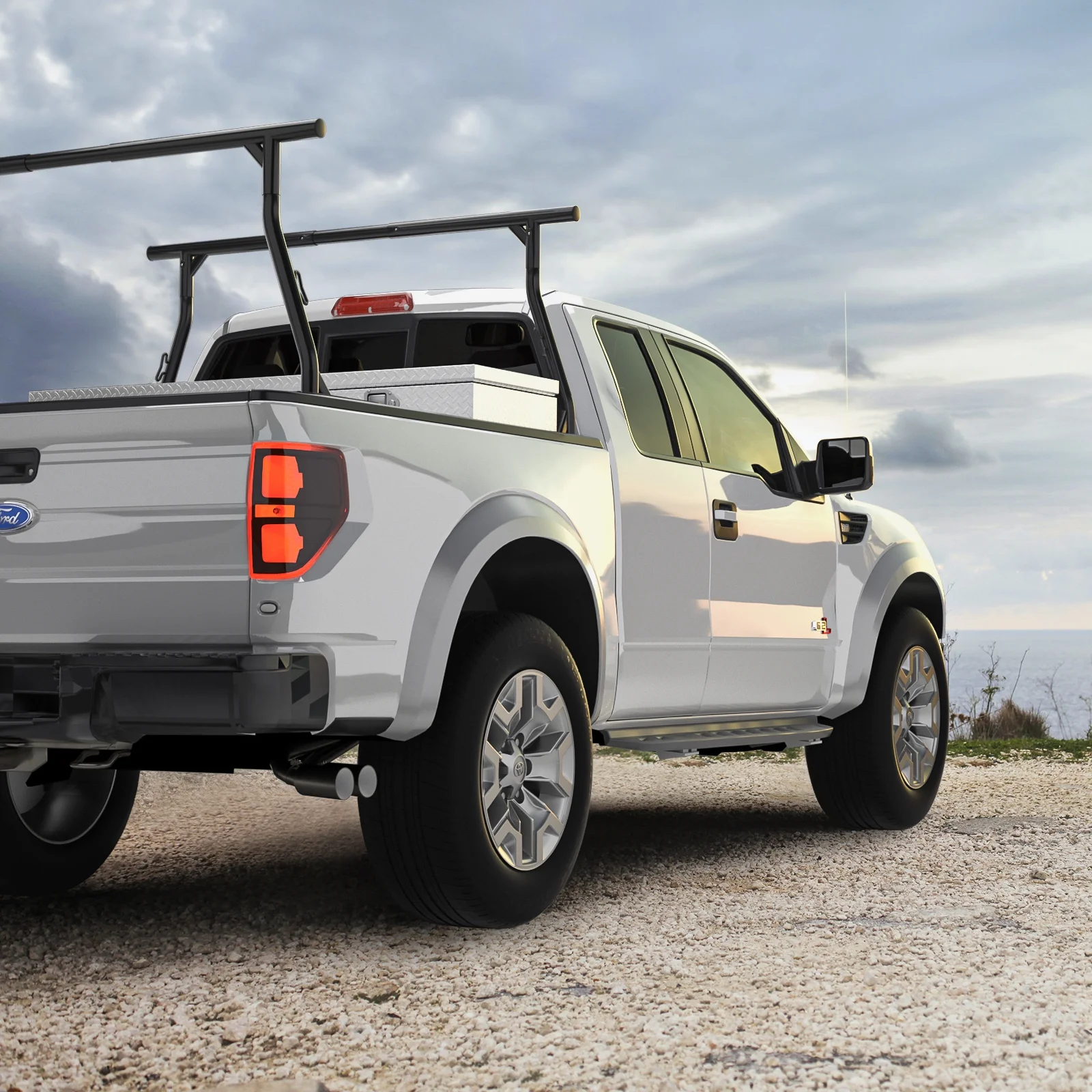 AA-Racks Model X3502 800Ibs Capacity Extendable Steel Pick-Up Truck Ladder Rack Two-bar Set - Matte Black