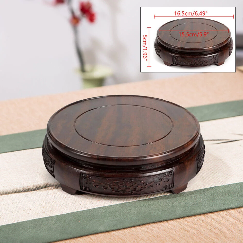 Carved Wood Fishbowl Stand Bonsai Stone Vase Flower Pot Rack Round Display Base