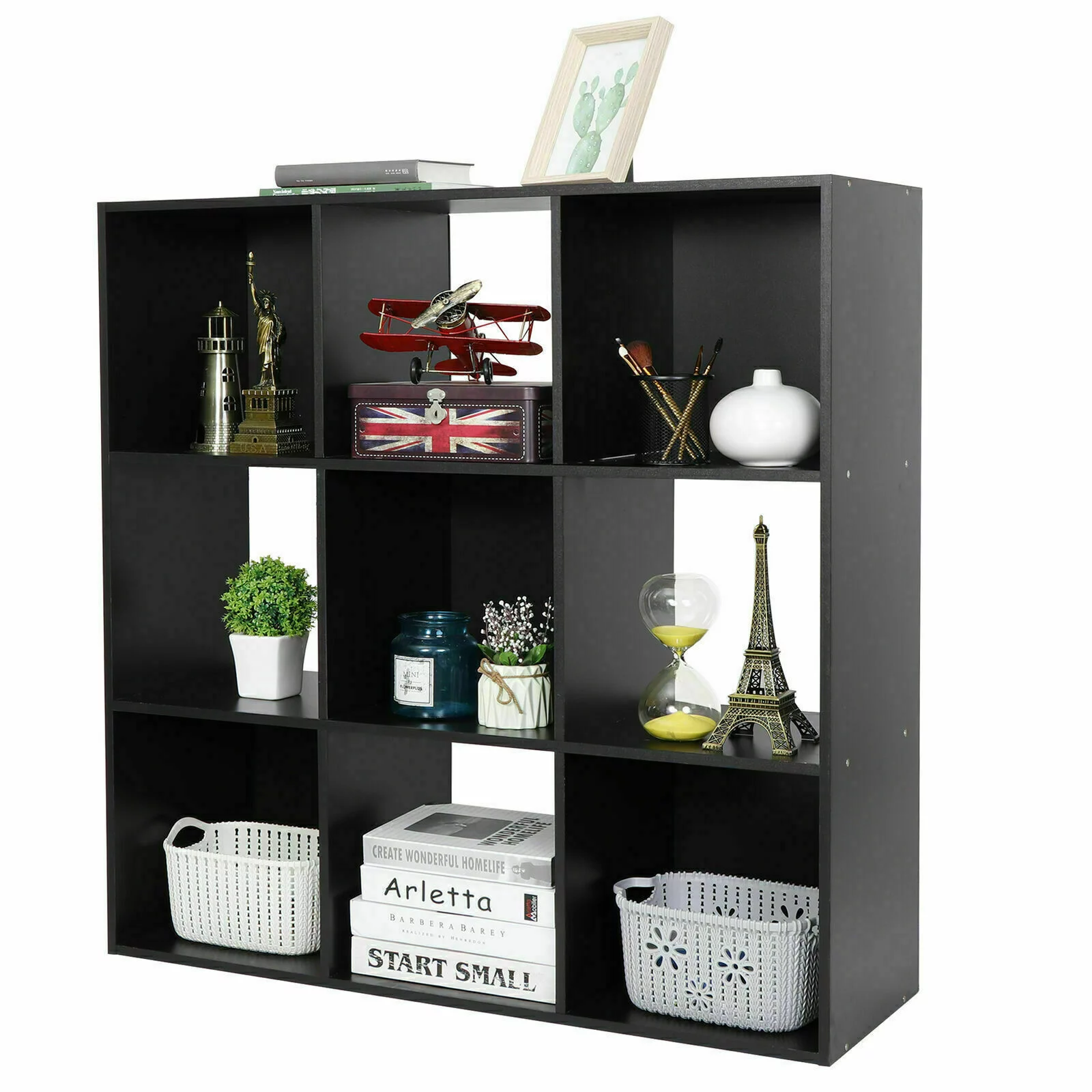 9 Cubes Organizer Wood Bookshelf Open Shelf Bookcase Storage for Bedroom 3-Tier