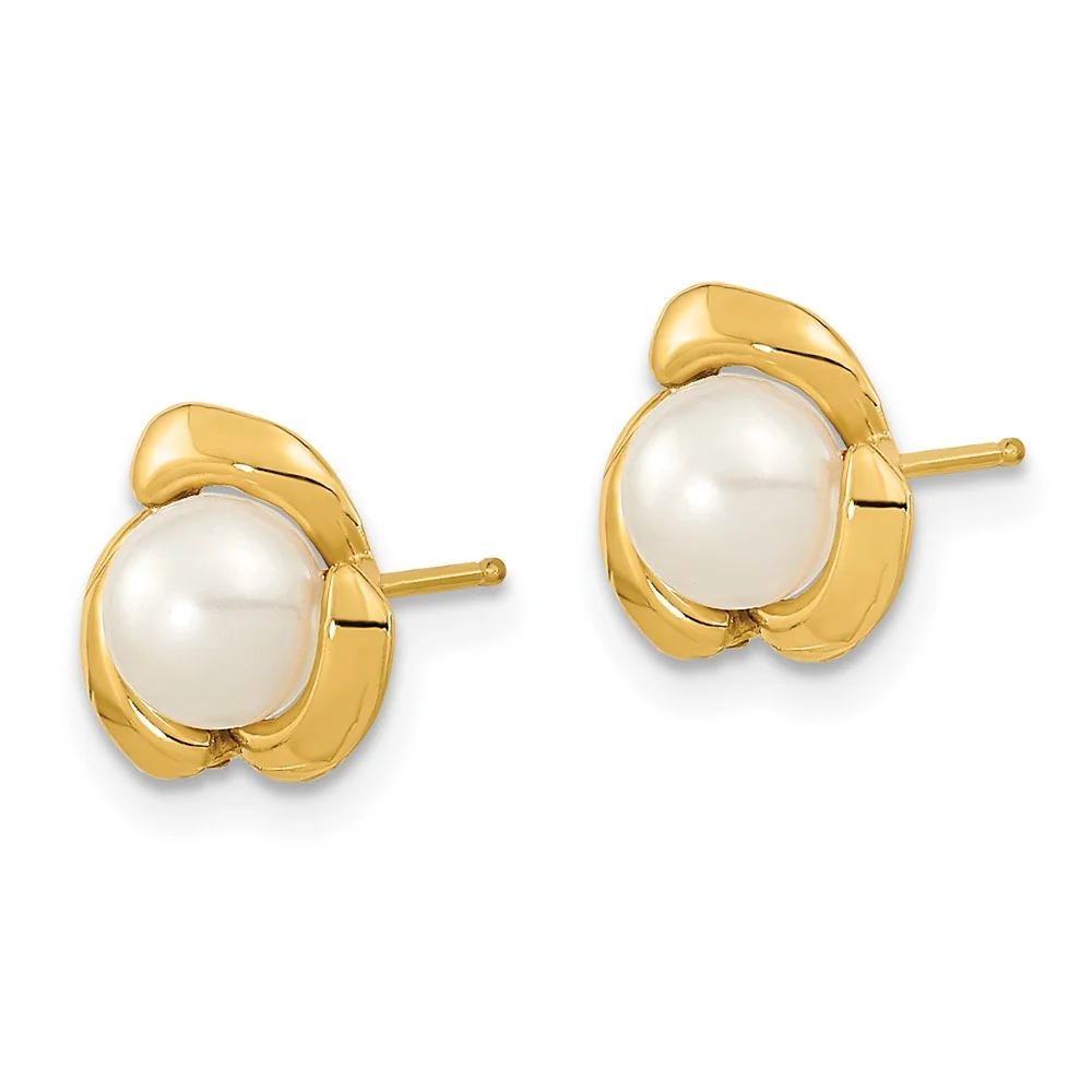 Primal Gold 14 Karat Yellow Gold 5-6mm White Button Freshwater Cultured Pearl Post Earrings