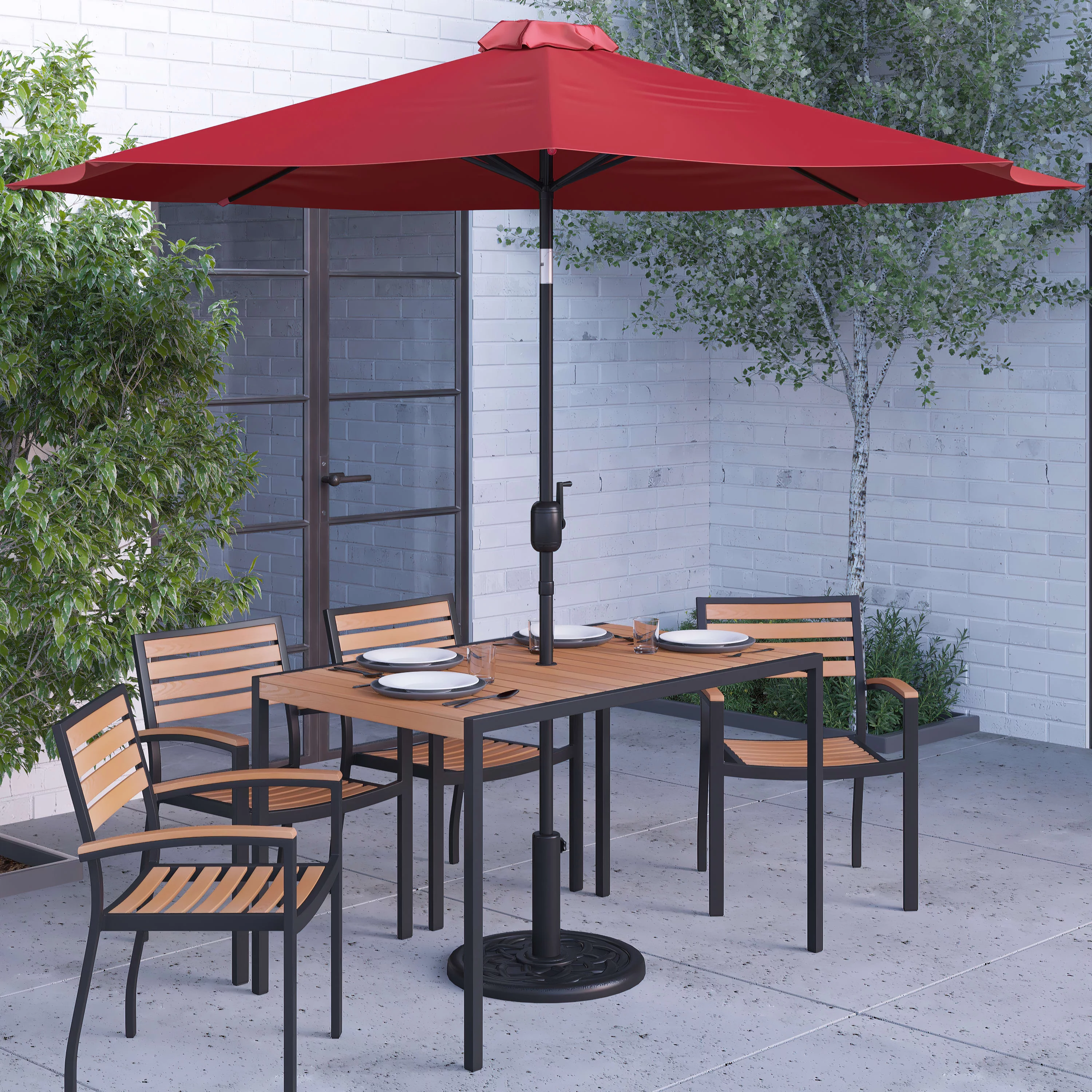Merrick Lane 7 Piece Faux Teak Dining Set with Red Umbrella & Base - 30