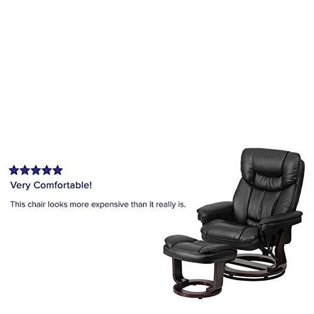 Flash Furniture BT-7821-BK-GG Contemporary Multi-Position Recliner and Curved Ottoman with Swivel Mahogany Wood Base in Black LeatherSoft