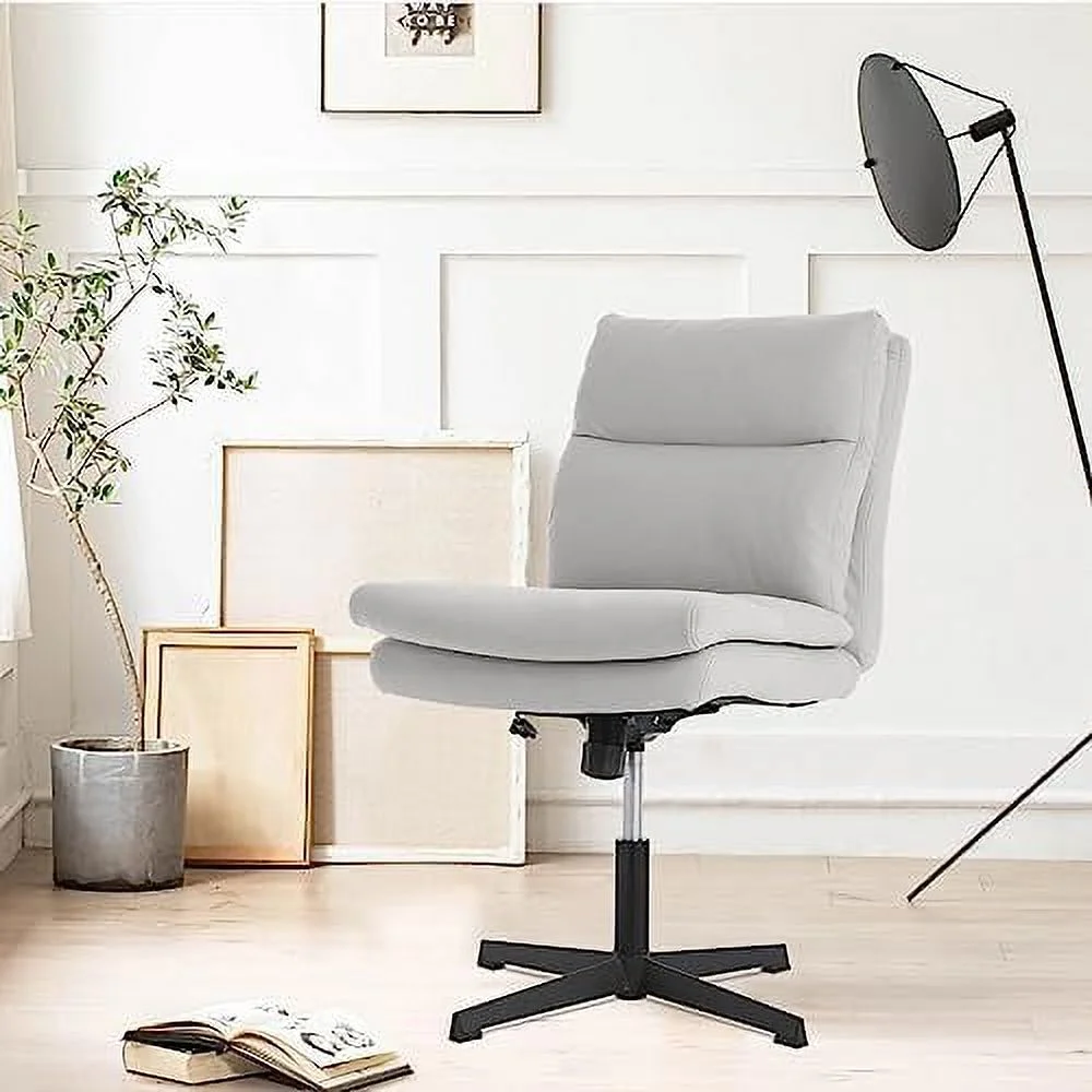 TJUNBOLIFE Armless Home Office Desk Chair No Wheels  Modern Double Padded Ergonomic Vanity Chair  Mid-Back Height Adjustable Cushioned Swivel Task Chairs  Wide Seat (Creamy White)