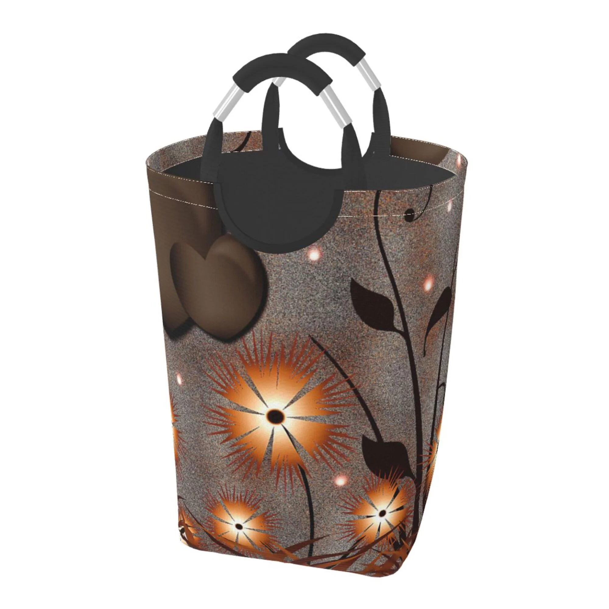 TEQUAN 50L Large Rectangular Laundry Hamper with Aluminum Handles, Romantic Brown Floral Heart Prints Waterproof Foldable Dirty Clothes Basket