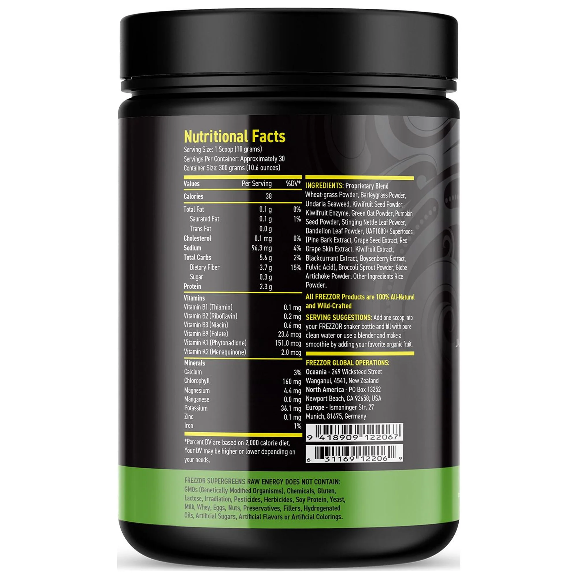 FREZZOR Super Greens Powder with UAF1000+, Wheat Grass Supplement, 300g, 2 Bottles