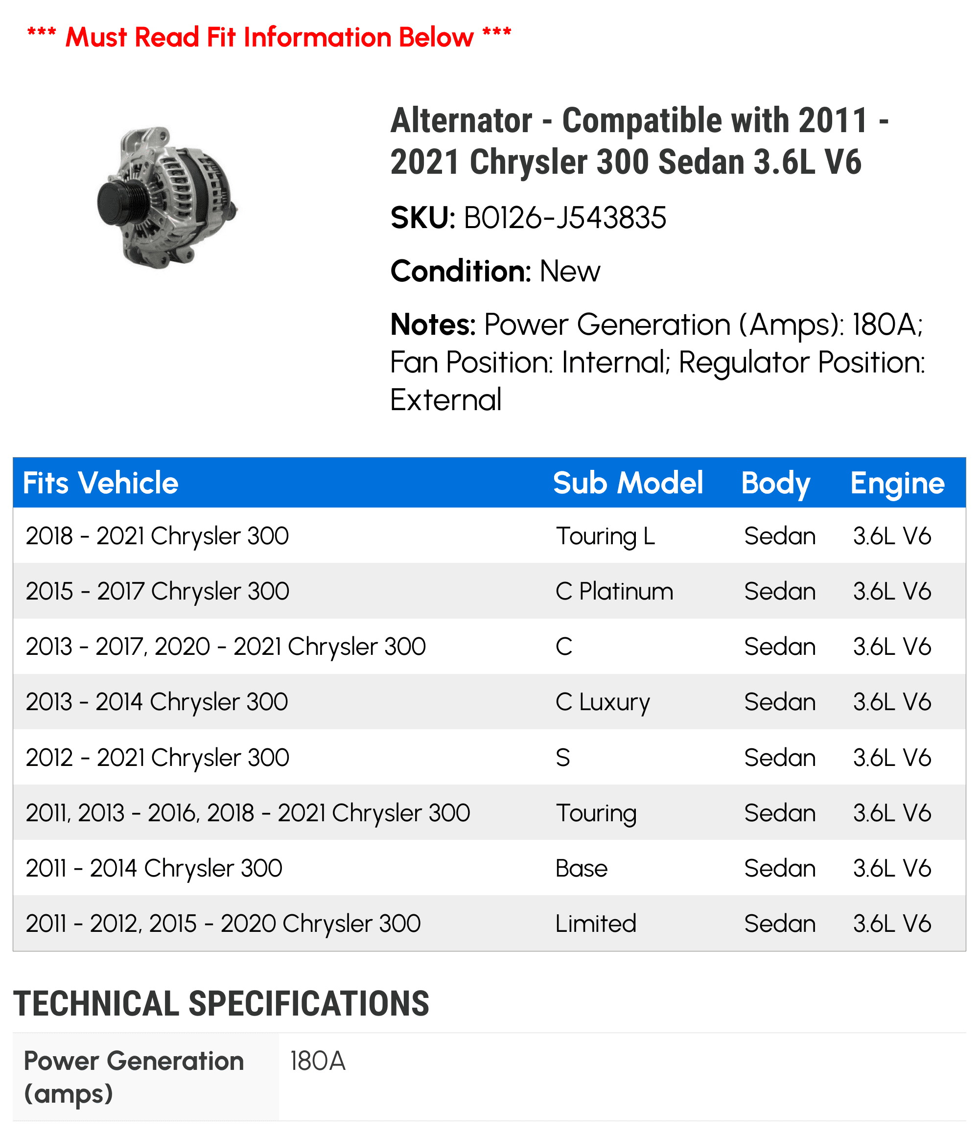 Alternator - Compatible with 2011 - 2021 Chrysler 300 Sedan 3.6L V6 2012 2013 2014 2015 2016 2017 2018 2019 2020