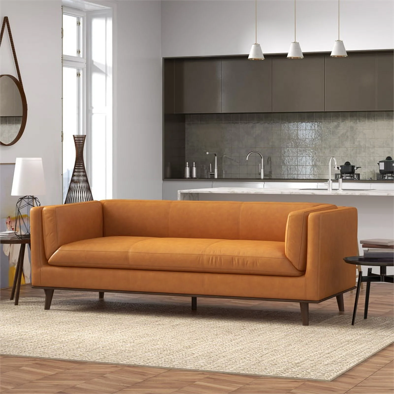 Dolomite Mid Century Modern Living Room Genuine Leather Sofa in  Cognac Tan