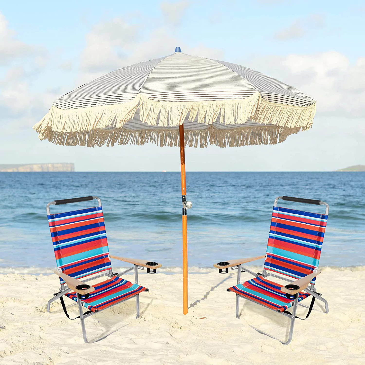 Colorful Foldable Reclining Aluminum Beach Chairs with Cupholders and Carrying Strap, Multicolor, Pack of 2