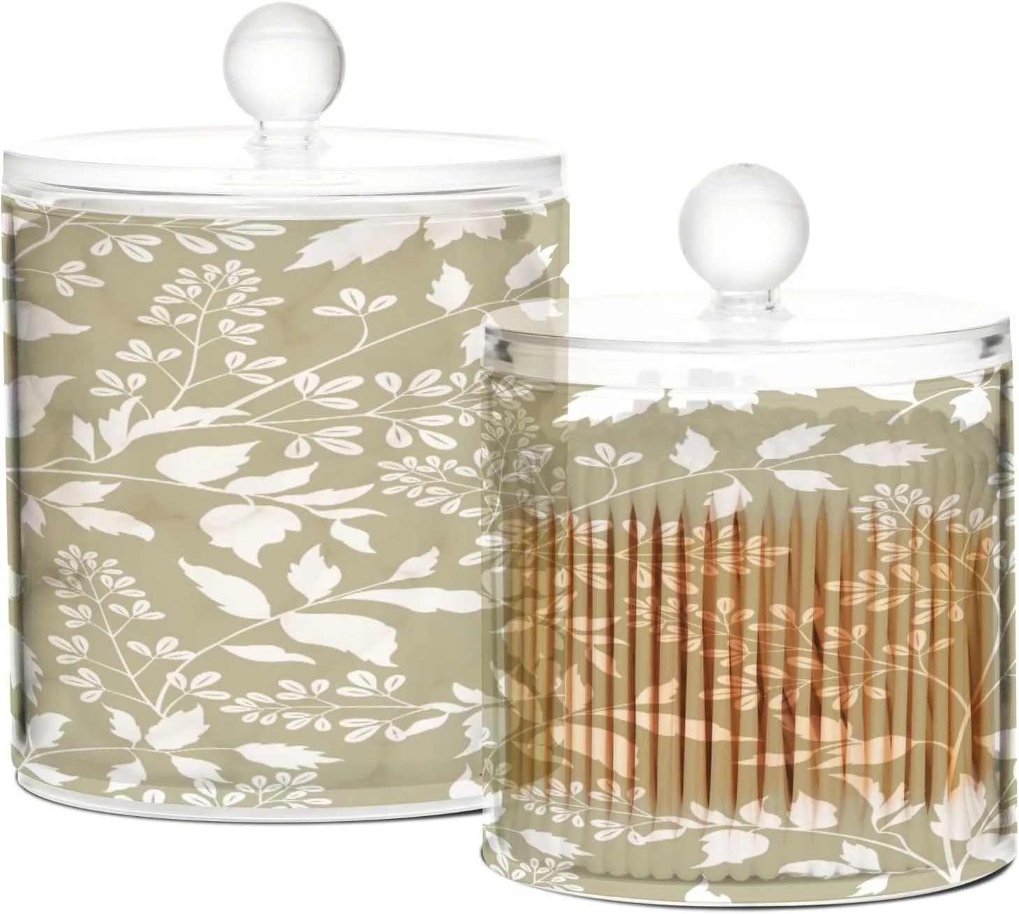 Bestwell 2PCS Qtip Holder Dispenser with Lids Vintage Flowers Apothecary Jars Clear Plastic Storage Containers Bathroom Vanity Organizer for Tea Coffee Cotton Ball Floss
