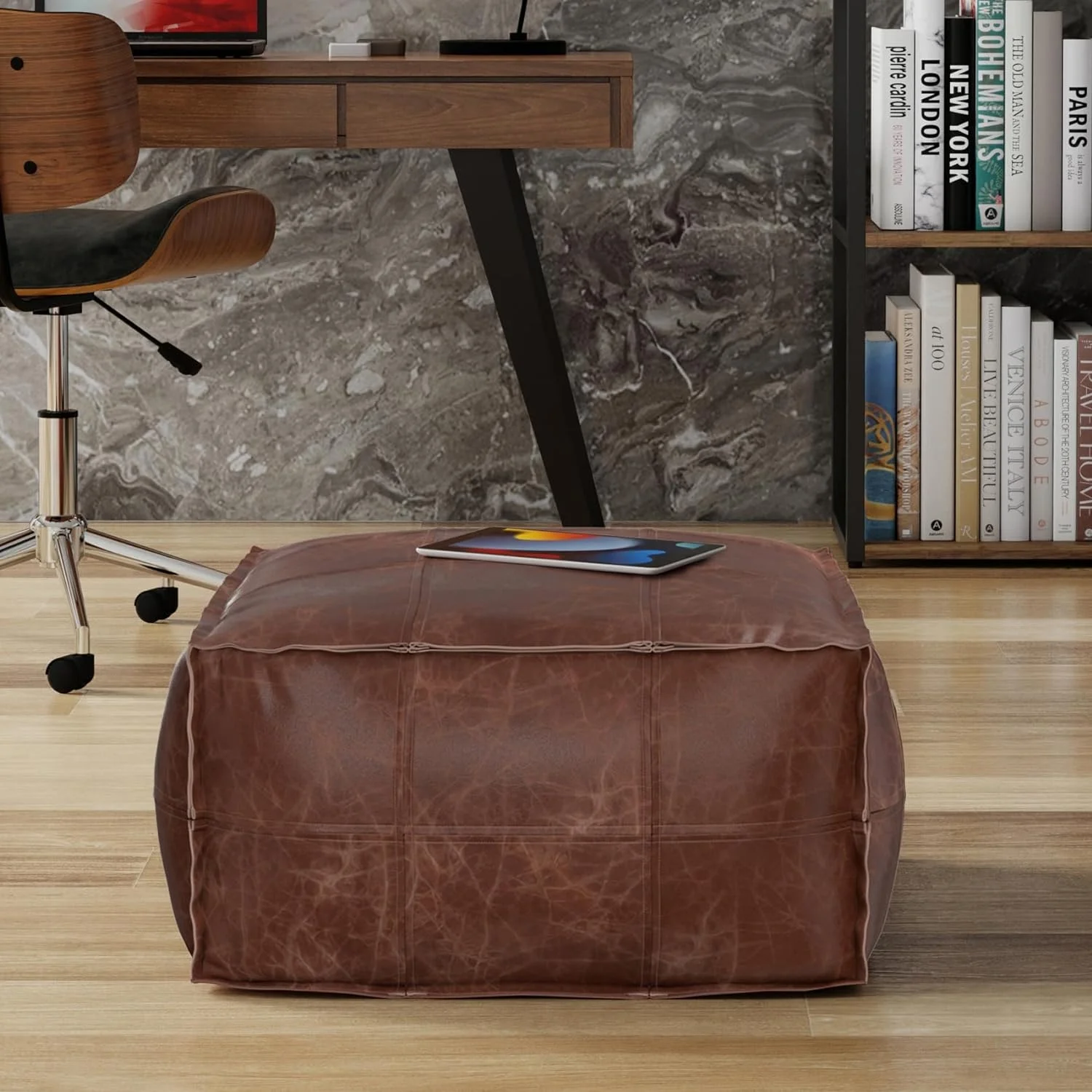 HYUN Sheffield 26 Inch Wide Boho Square Pouf in Distressed Brown Leather, for The Living Room, Bedroom and Kids Room