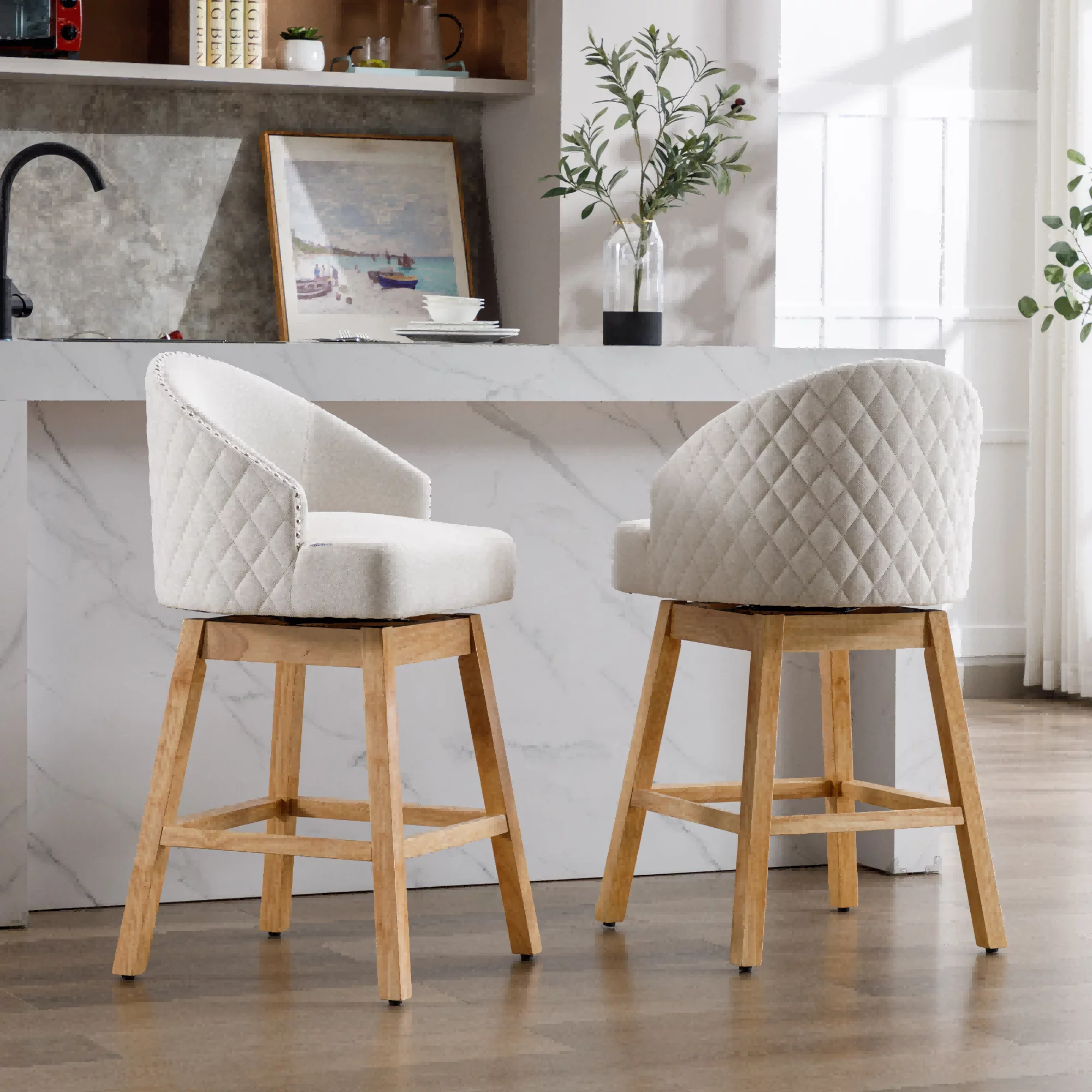 360 Degree Swivel Bar Stools, Counter Height Barstools, Modern Upholstered Bar Stools with Nailhead Trim Bar Chairs, 27 Inch Kitchen Island Bar Chair, Solid Wood Legs(Beige Linen,Set of 8)