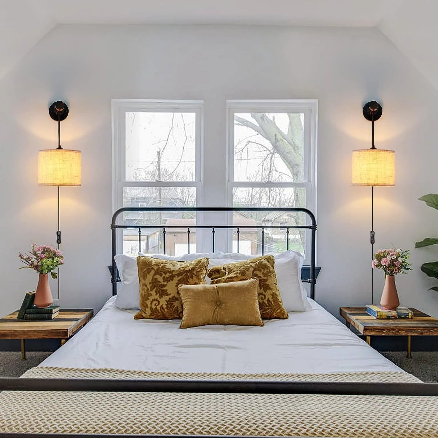 XIANMM Wall Sconces Set of Two, Plug in Sconces Wall Lighting with Fabric Shade, Farmhouse Wall Lamps with Plug in Cord, Rustic Wall Lights with Wood Arm and On/Off Switch for Bedroom, Living Room