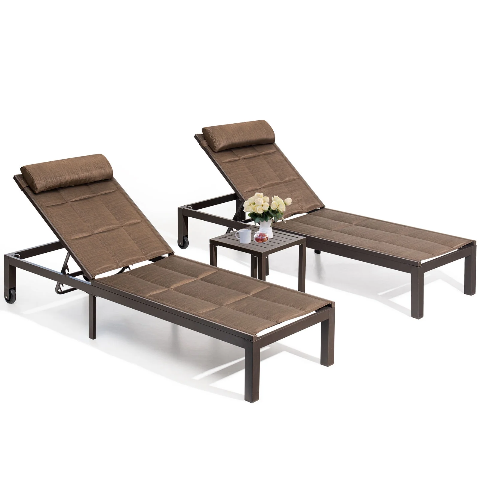 Crestlive Products Brown Outdoor Aluminum Adjustable Quilted Chaise Lounge & Table Set