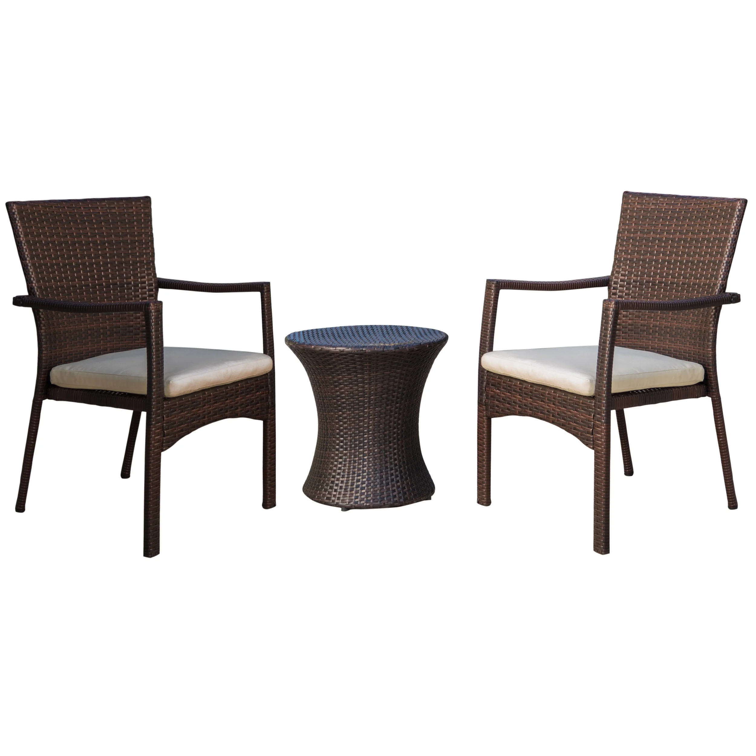 Ramsey Outdoor Wicker 3 Piece Chat Set with Cushions, Brown, Crme