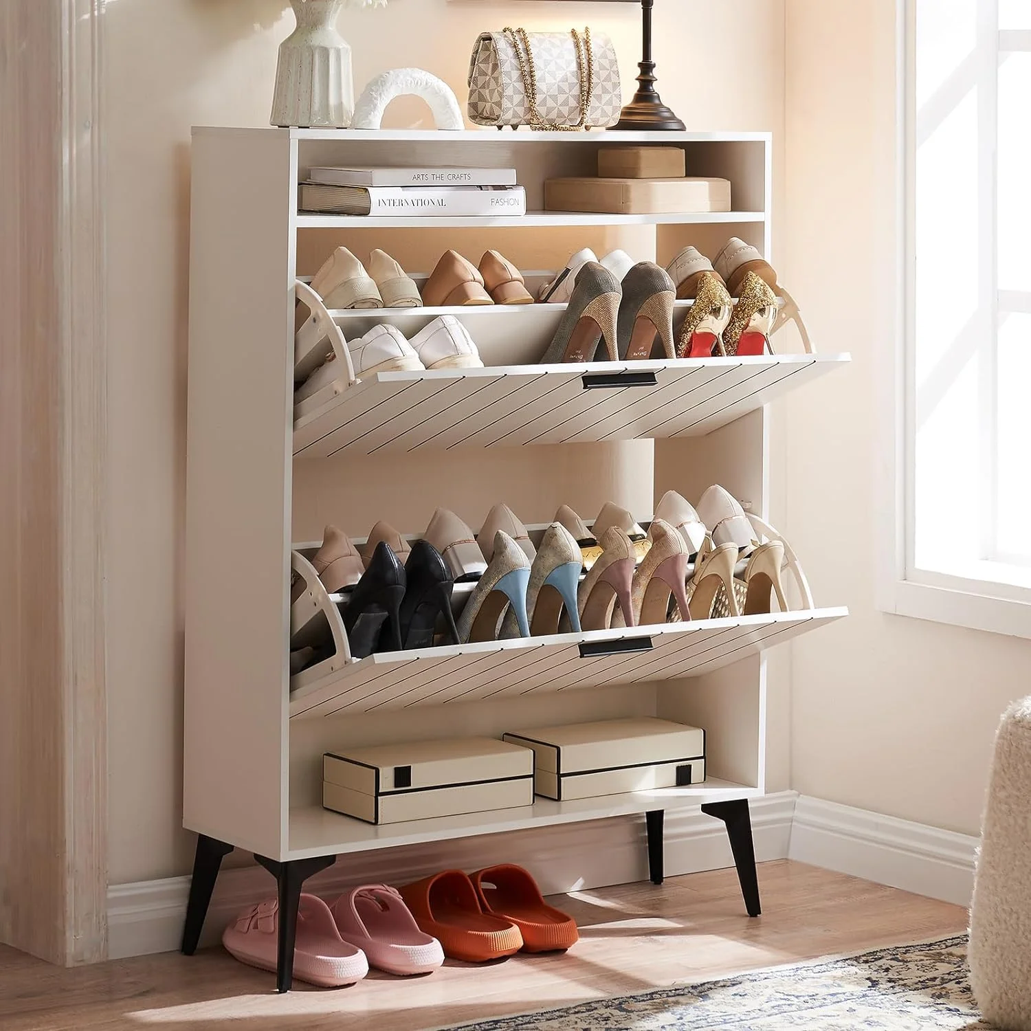 HYUN Shoe Cabinet Storage for Entryway Striped Shoe Rack Cabinet with 2 Flip Drawers Modern Free Standing Narrow Slim Hidden Shoes Organizers with Shelves for Living Room Bedroom Hallway, White