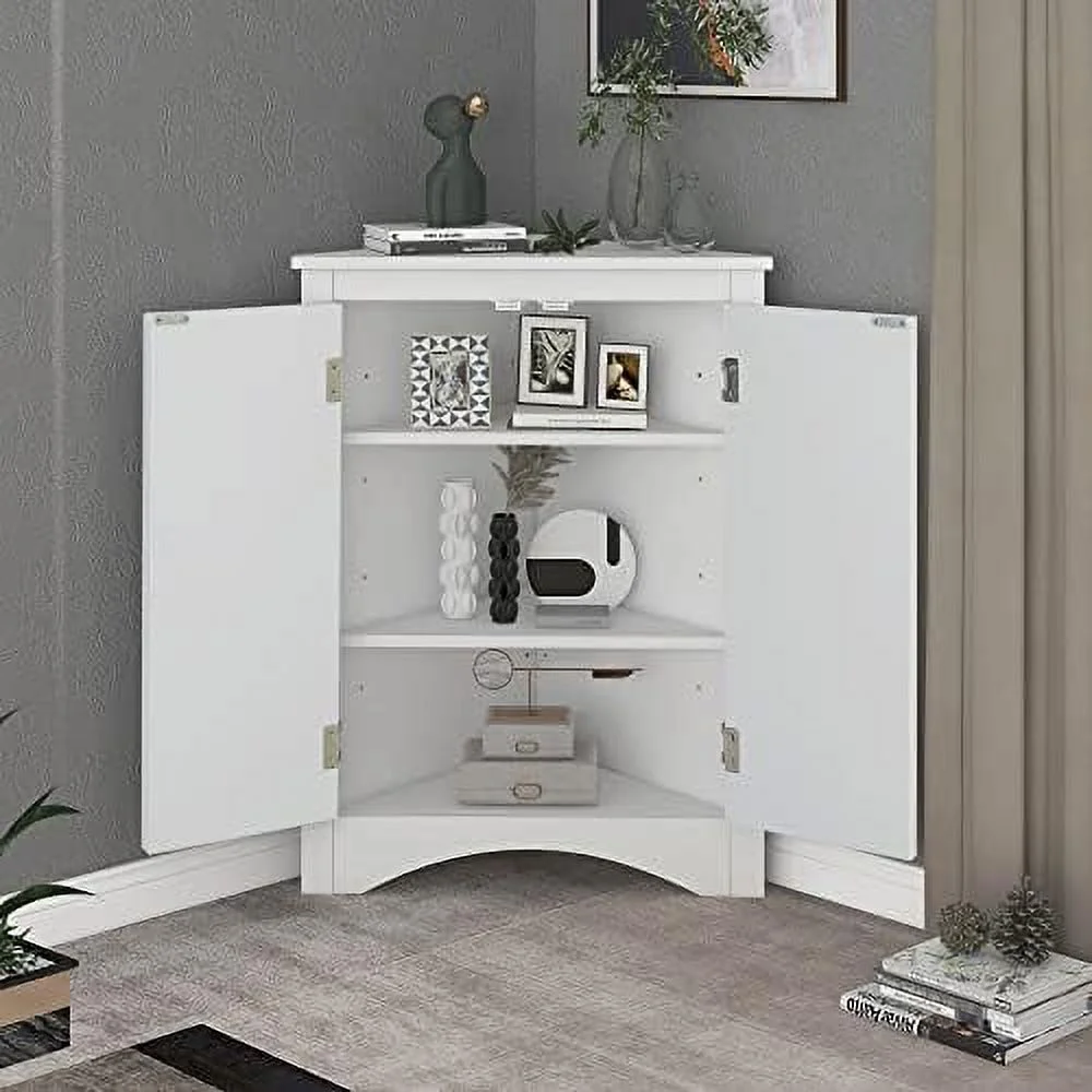 GVJMTKP 31.5" Triangle Bathroom Corner Cabinet  Bathroom MDF  Cabinet with Two Doors & Adjustable Shelves  Freestanding Floor Cabinet for Home  Kitchen  Bathroom  Bedroom - White