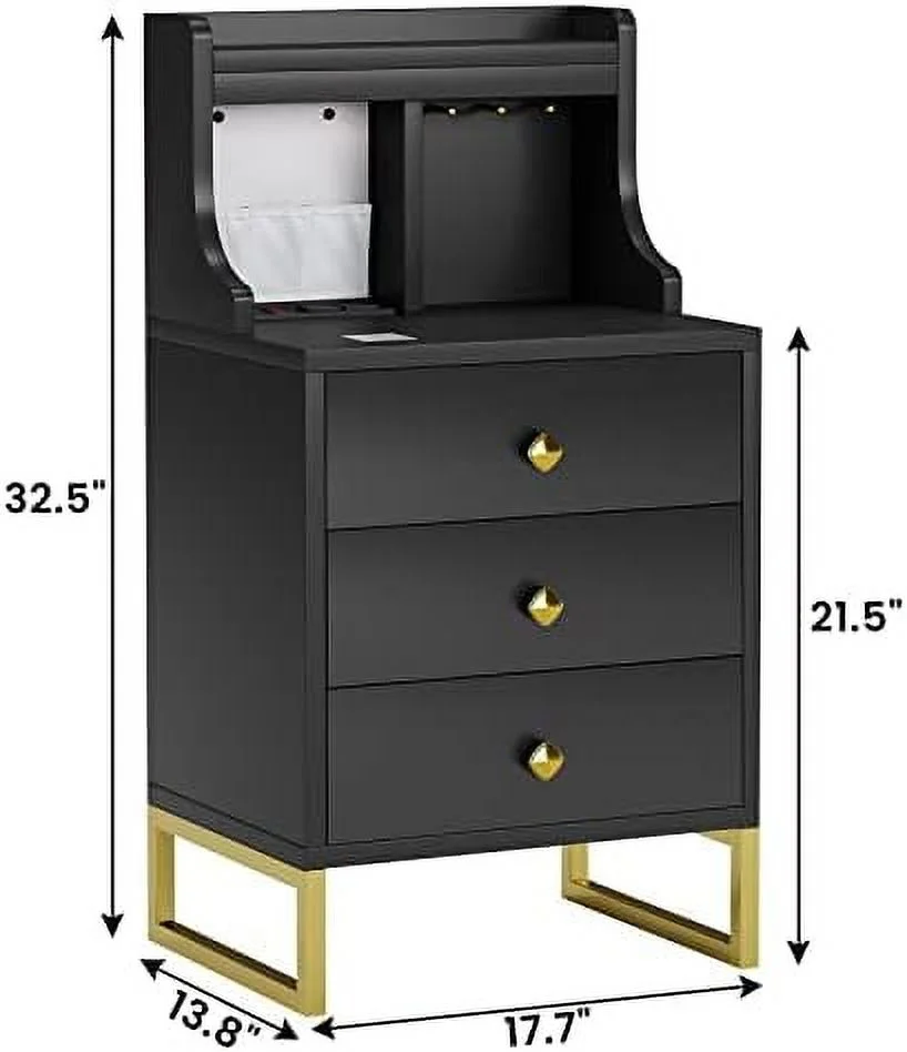 TQJKLFDY LED Nightstand  with Charging Station  Modern Nightstand with Hutch & 3 Drawers  End Table with   Hooks  Bedside Table with Sensor Light  USB Ports and Outlets  Black and Gol