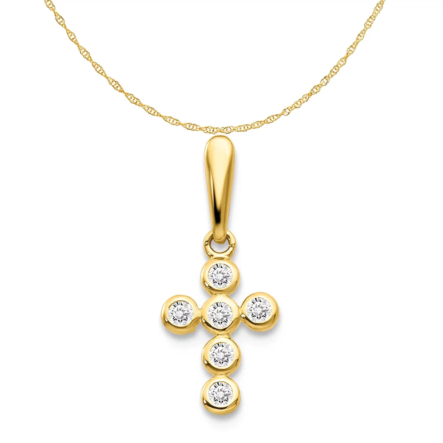 Carat in Karats 14K Yellow Gold CZ Small Cross Pendant Charm With 14K Yellow Gold Lightweight Rope Chain Necklace 20''