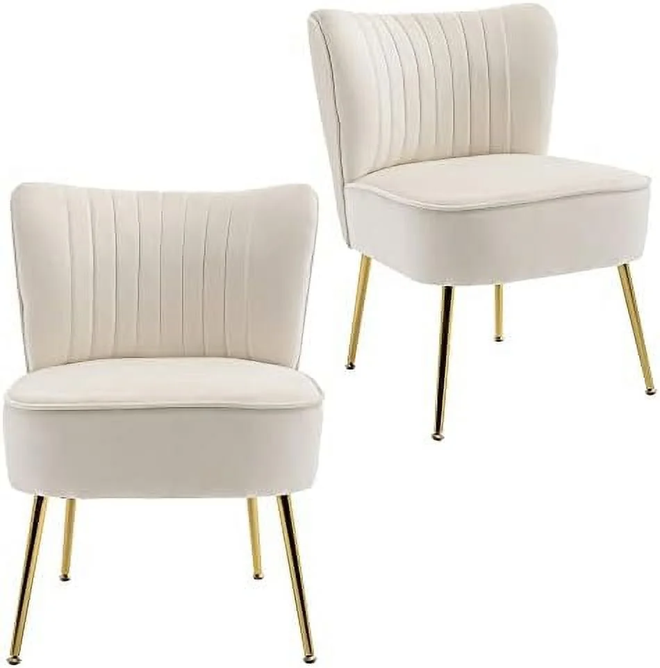 HBLUKDL Modern Velvet Upholstered Accent Chair  Mid Century Living Room Chairs with Golden U-Shaped Legs  Comfy Armless Chair Wingback Single Sofa Side Chair for Bedroom(Beige)