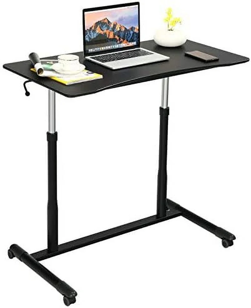 SJOPLMN Mobile Computer Desk with Steel Frame  Small Height Adjustable Rolling Compact Stand Up Desk on Wheels  MDF PVC Tabletop  Ideal for Home Office  White